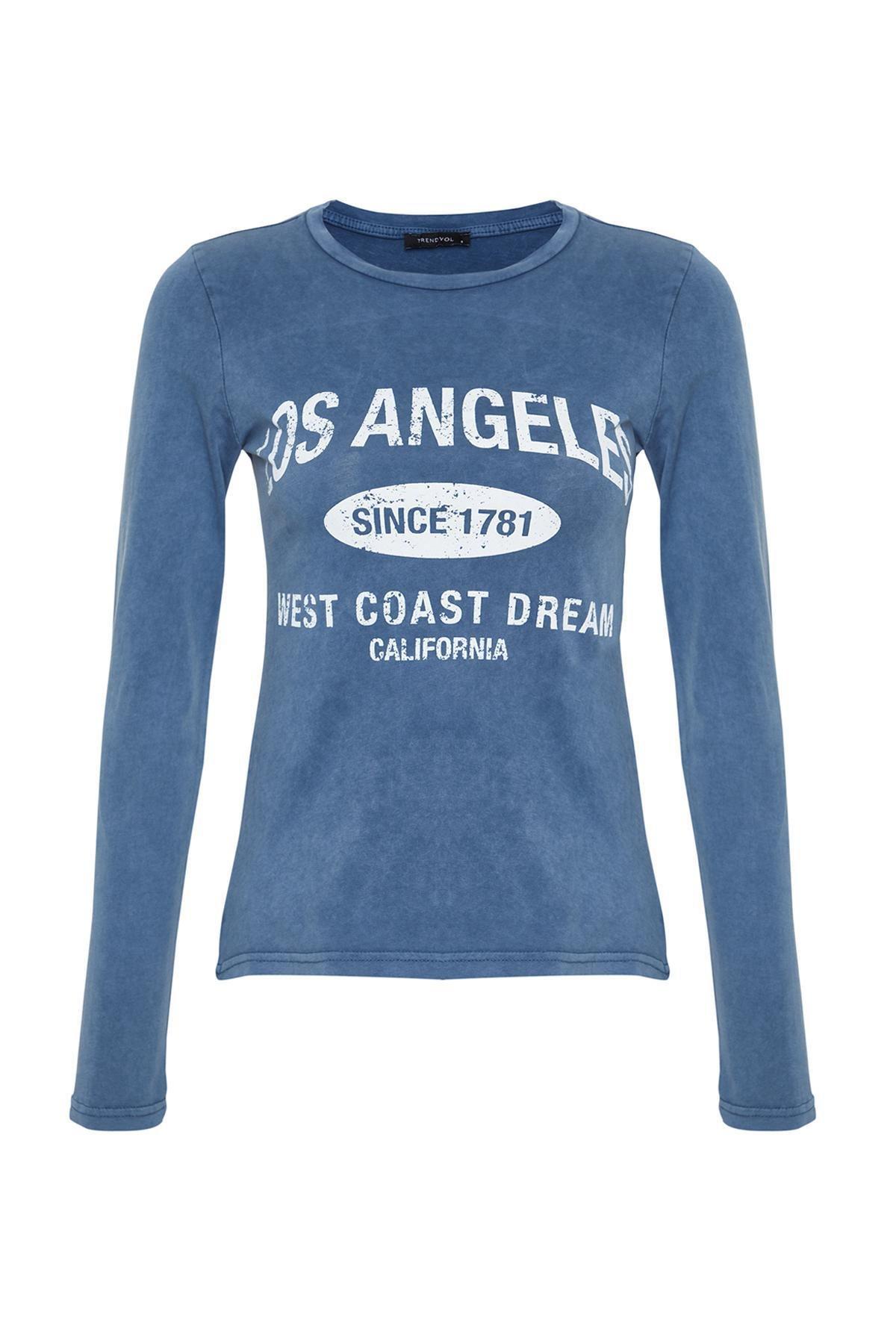 Blue Printed Crew Neck Knitted T-Shirt, Indigo, large image number 5