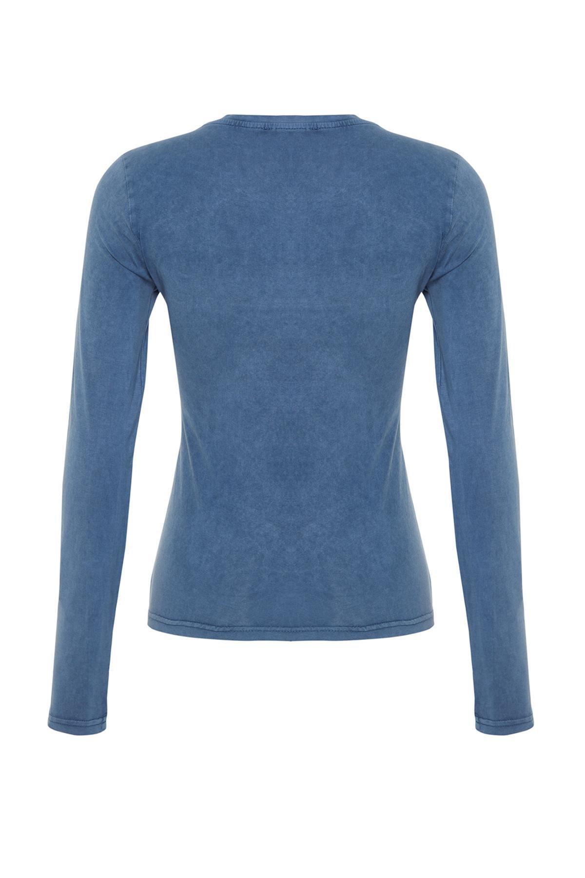 Blue Printed Crew Neck Knitted T-Shirt, Indigo, large image number 7