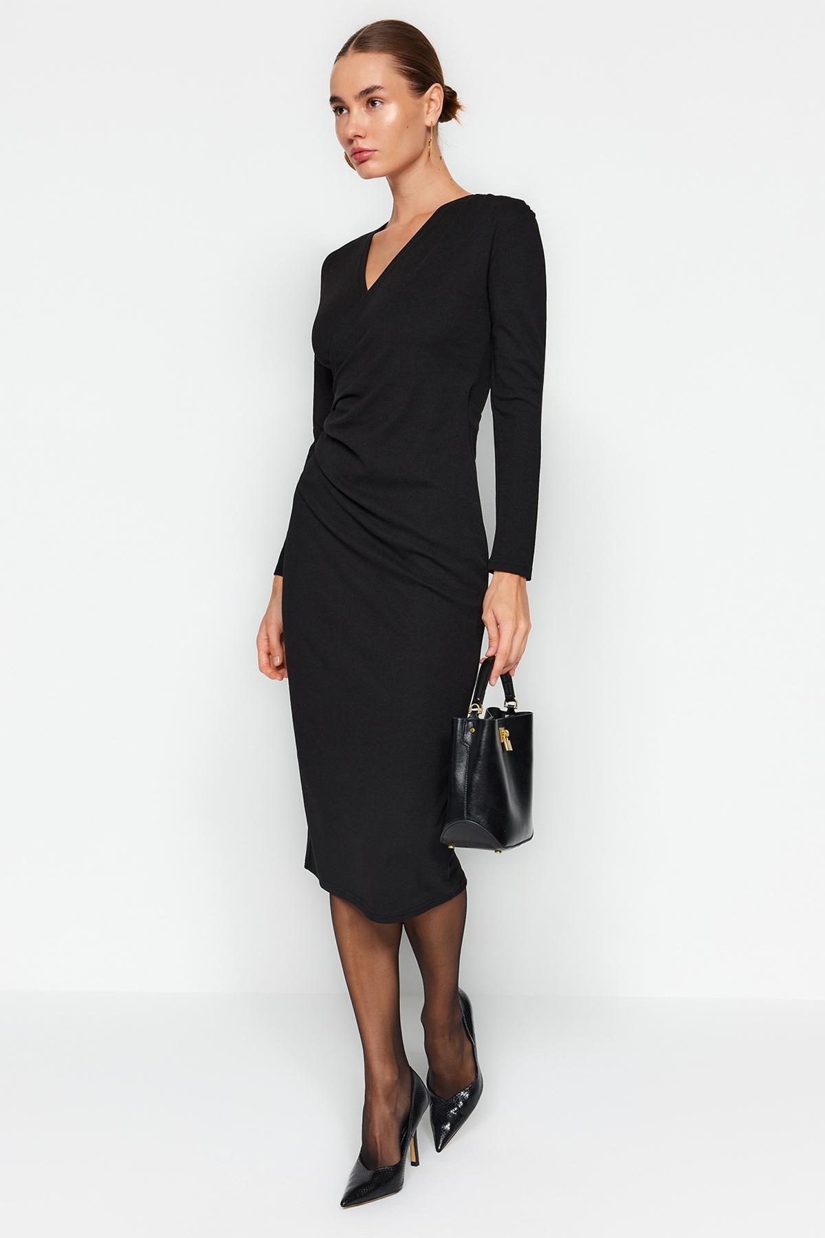 Black Knitted Double Breasted Detailed Midi Dress, , large image number 0