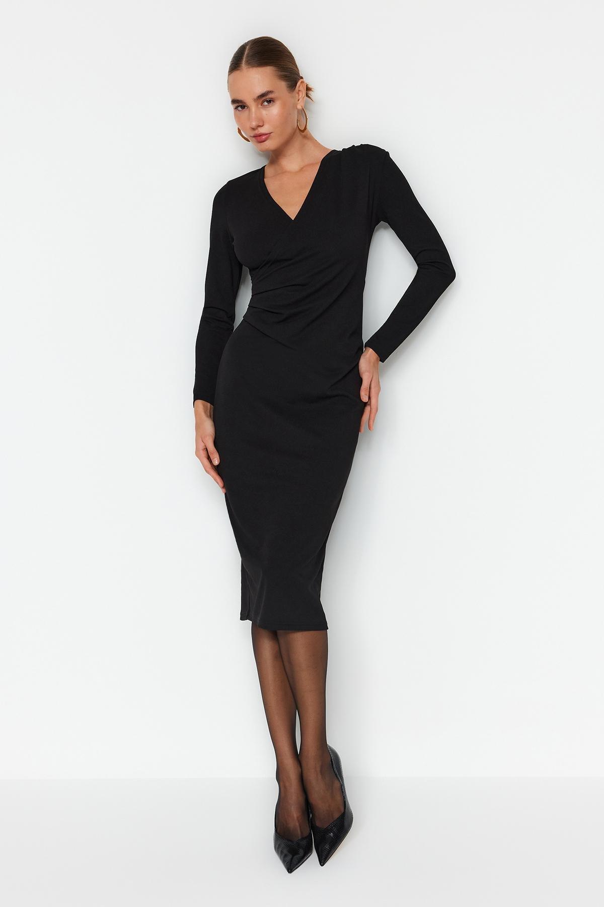 Black Knitted Double Breasted Detailed Midi Dress, , large image number 2