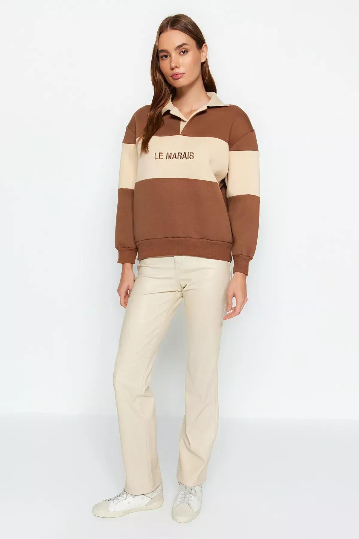 Brown Polo Neck Knitted Sweatshirt, Brown, large image number 1