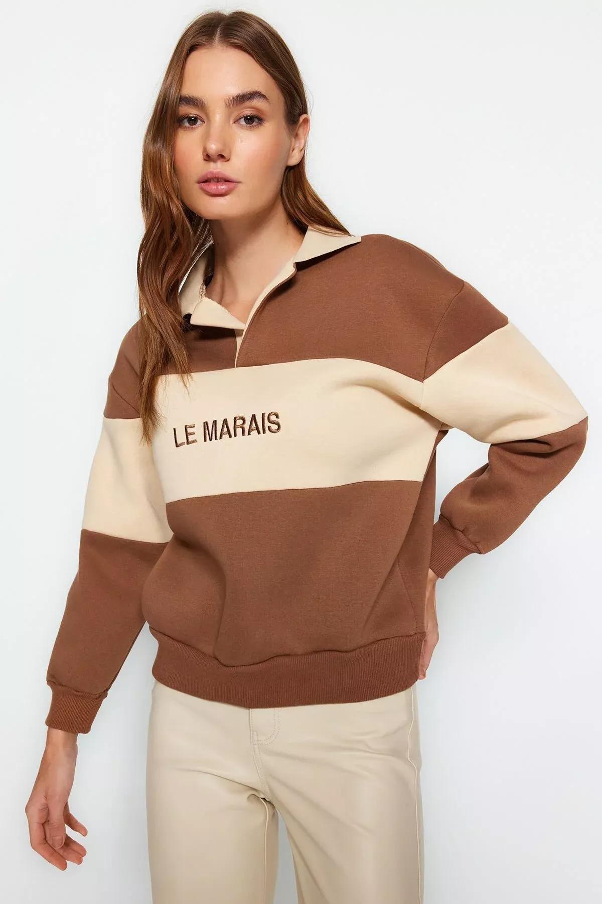 Brown Polo Neck Knitted Sweatshirt, Brown, large image number 2