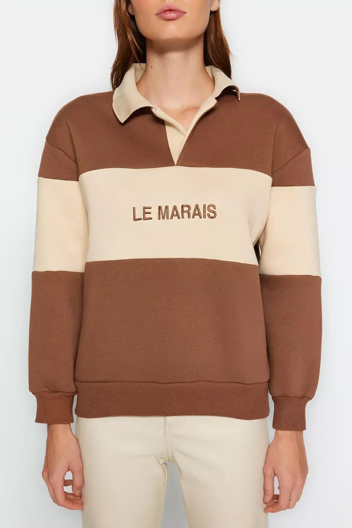 Brown Polo Neck Knitted Sweatshirt, Brown, large image number 3