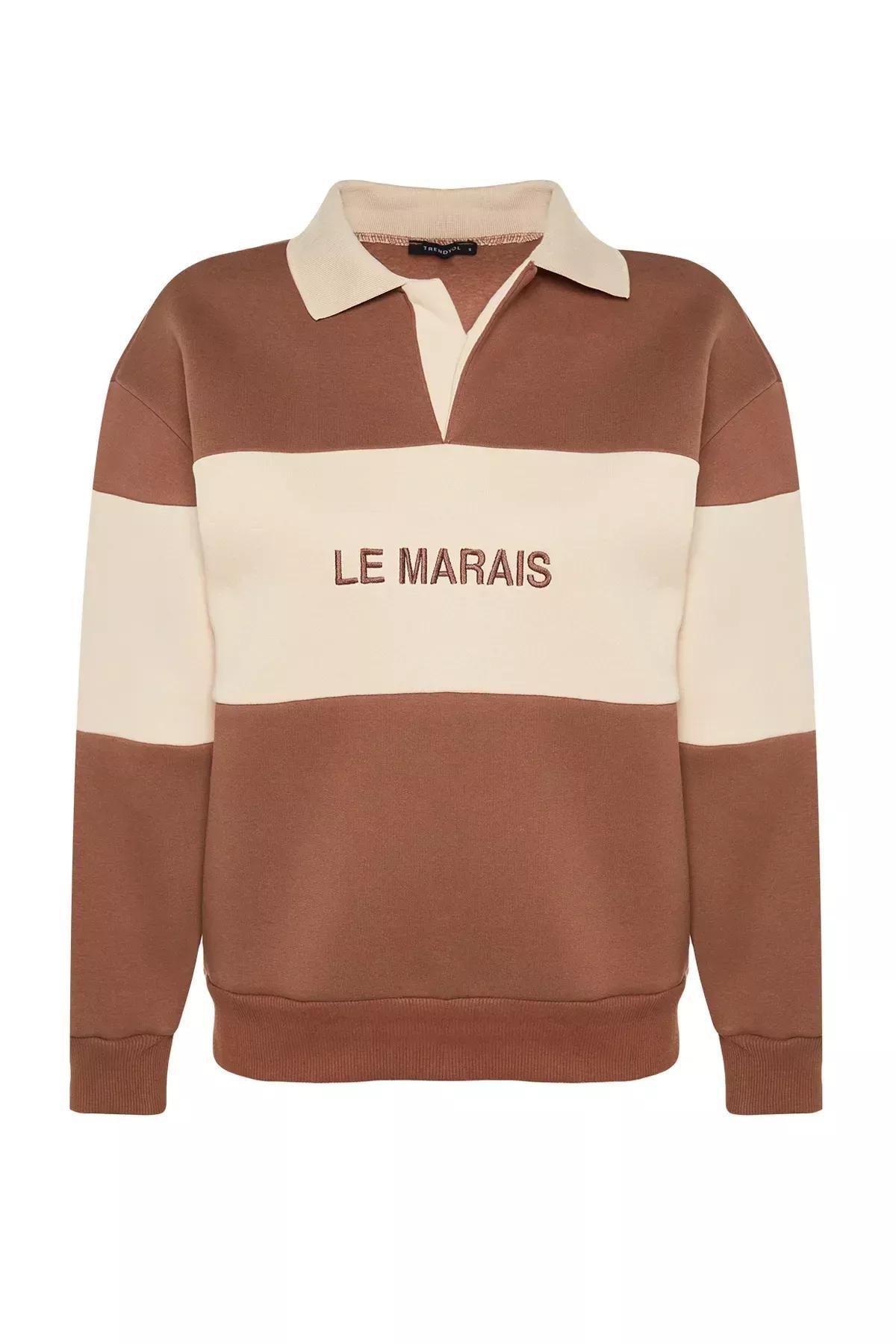 Brown Polo Neck Knitted Sweatshirt, Brown, large image number 5