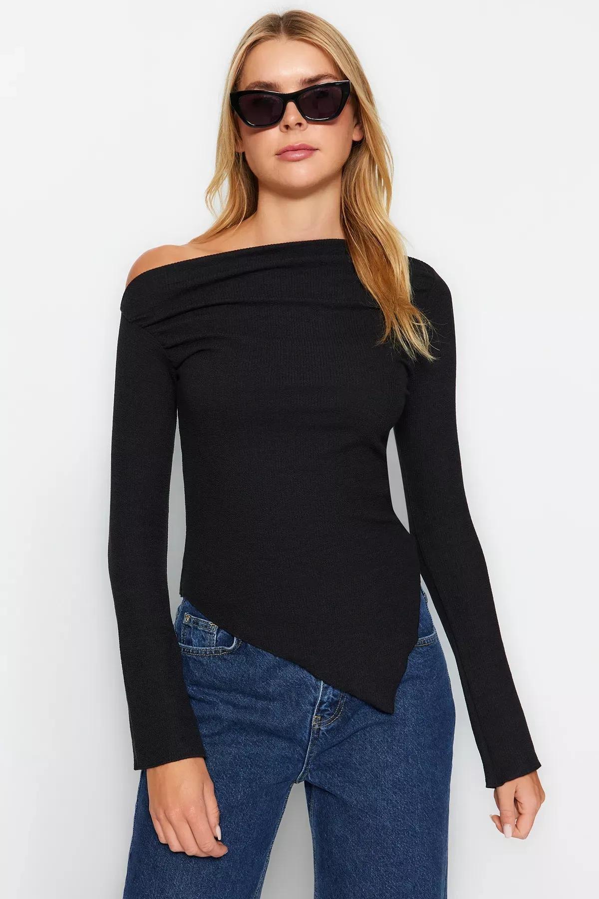 Black Draped Boat Neck Asymmetrical Knitted Blouse, BLACK, large image number 0