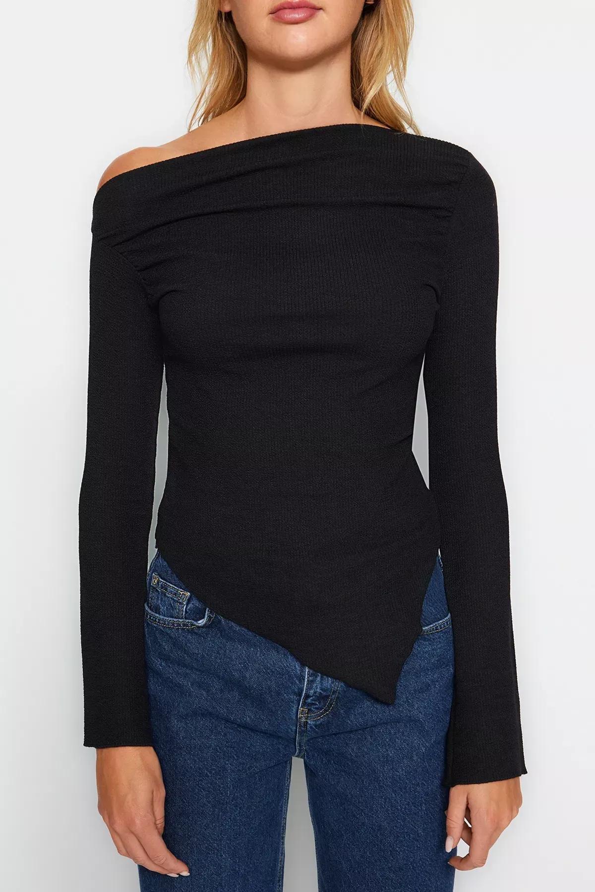 Black Draped Boat Neck Asymmetrical Knitted Blouse, BLACK, large image number 3