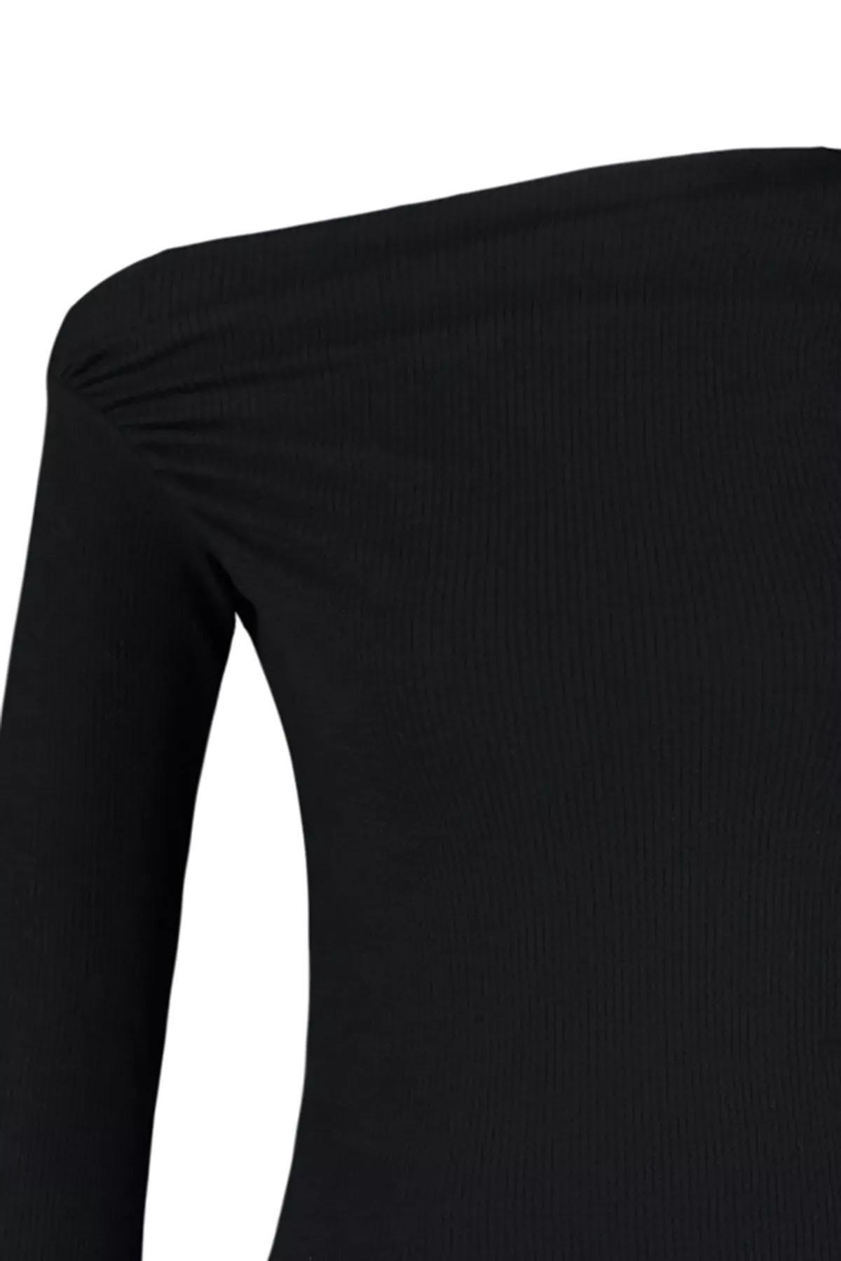 Black Draped Boat Neck Asymmetrical Knitted Blouse, BLACK, large image number 5