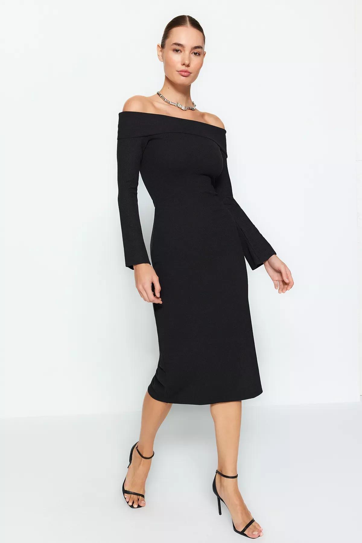 Black Corsair Soft-Texture Stretch Midi Dress, BLACK, large image number 1