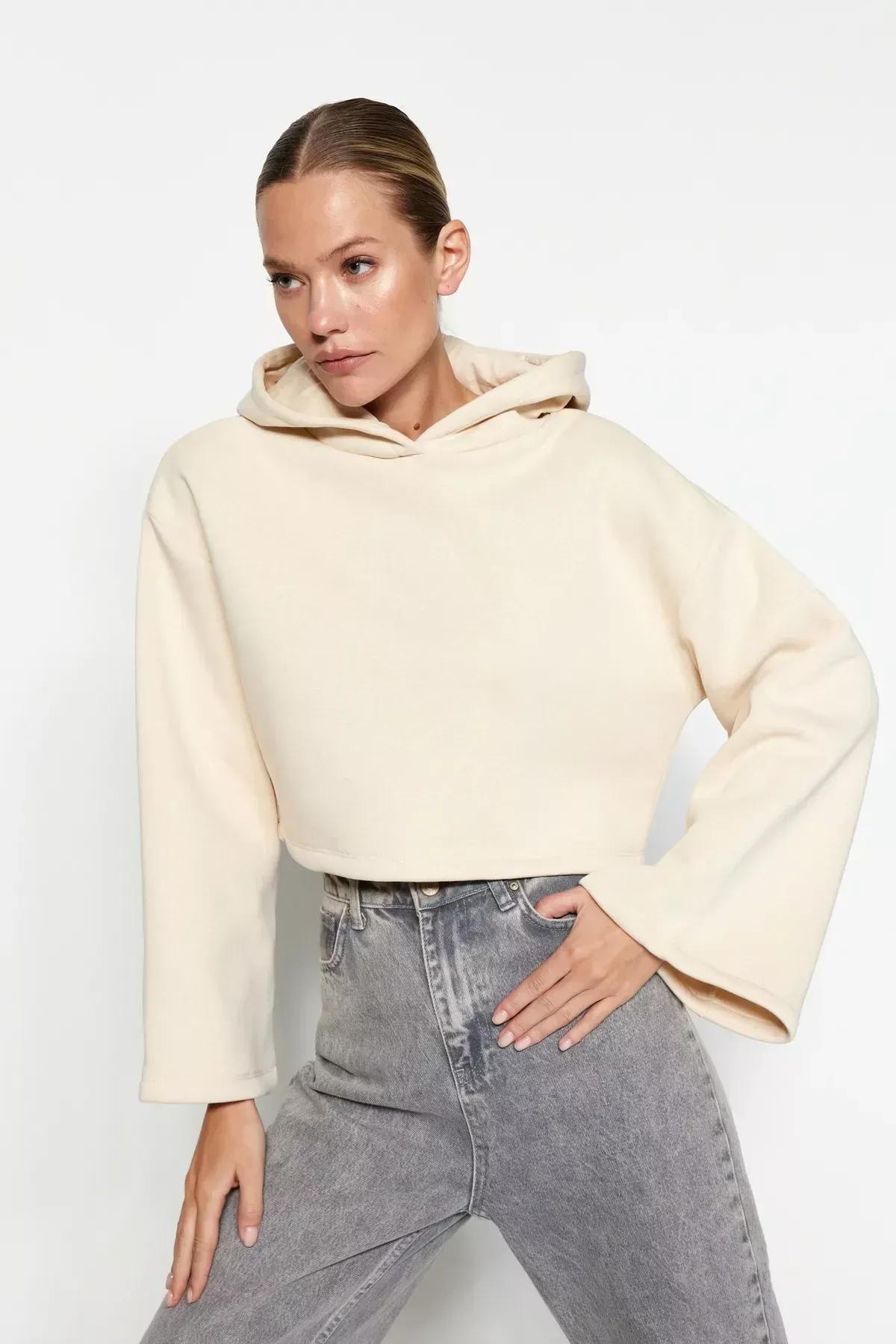 Beige Relaxed Hooded Knitted Sweatshirt, C101_1948, large image number 0