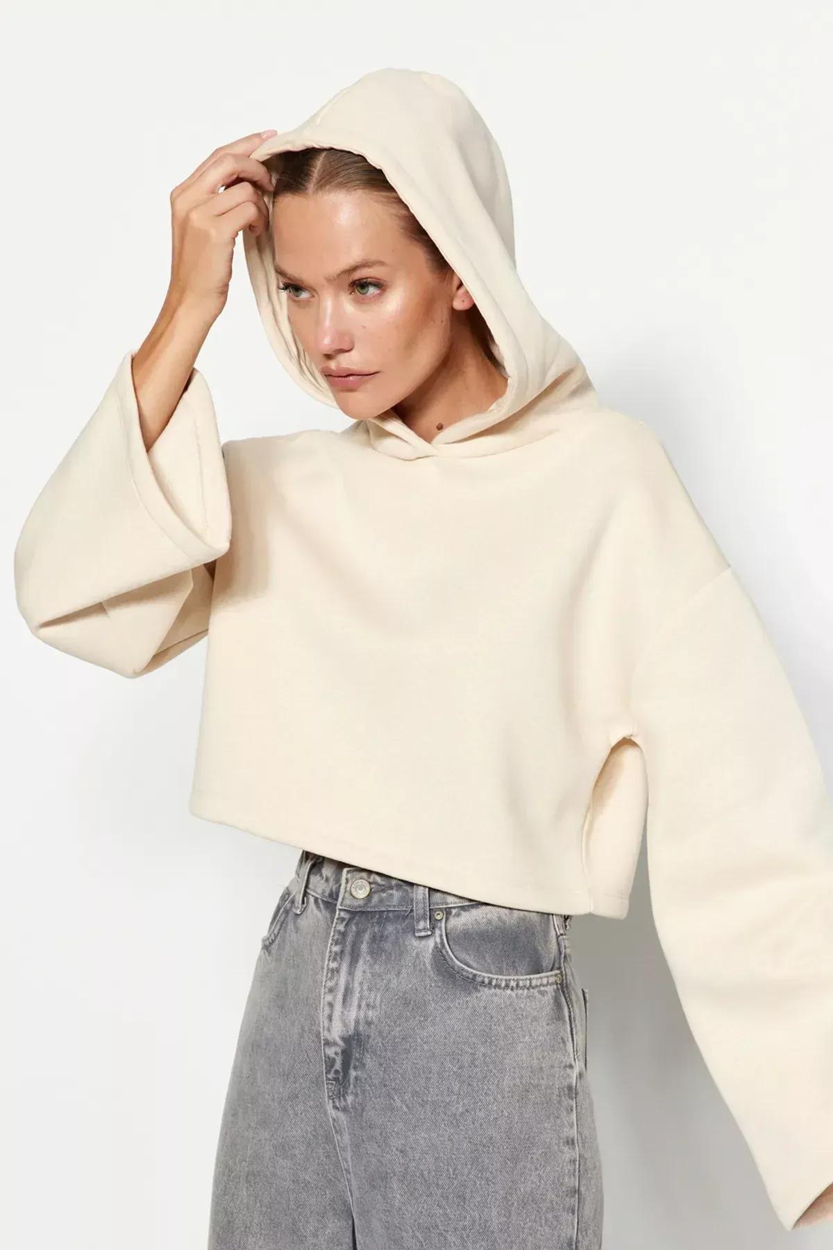 Beige Relaxed Hooded Knitted Sweatshirt, C101_1948, large image number 2