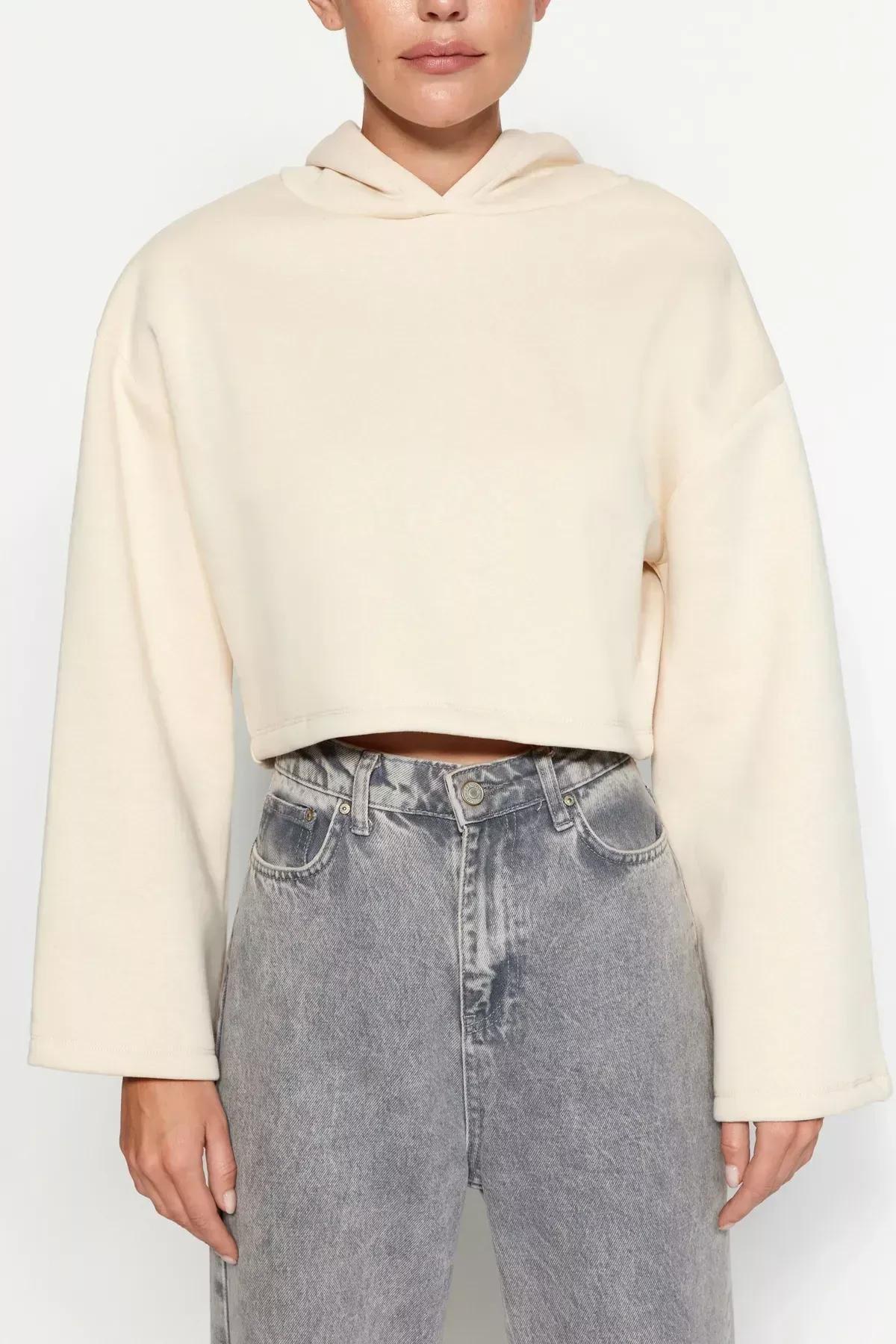 Beige Relaxed Hooded Knitted Sweatshirt, C101_1948, large image number 3