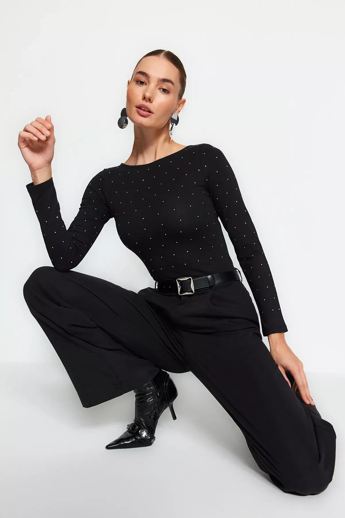 Black Printed Cotton Long-Sleeve Knitted Body, BLACK, large image number 1