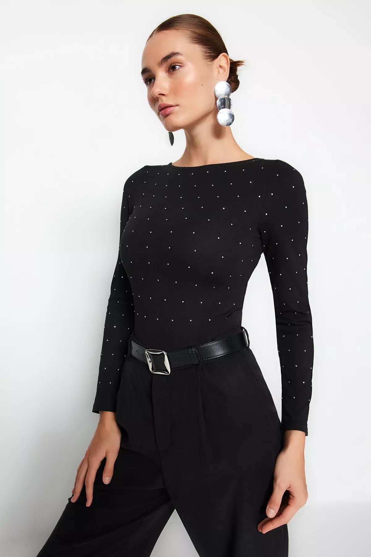 Black Printed Cotton Long-Sleeve Knitted Body, BLACK, large image number 2