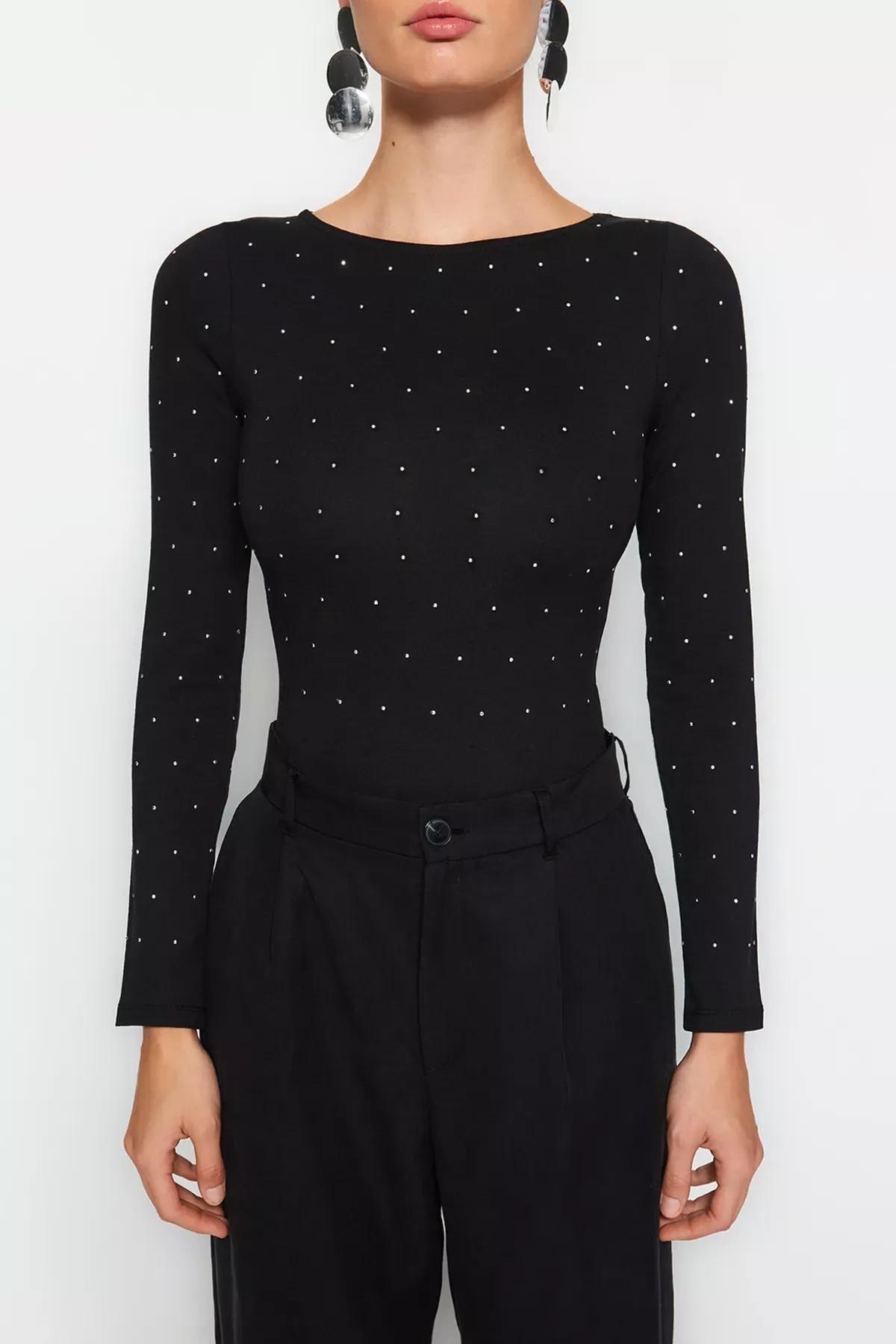 Black Printed Cotton Long-Sleeve Knitted Body, BLACK, large image number 3