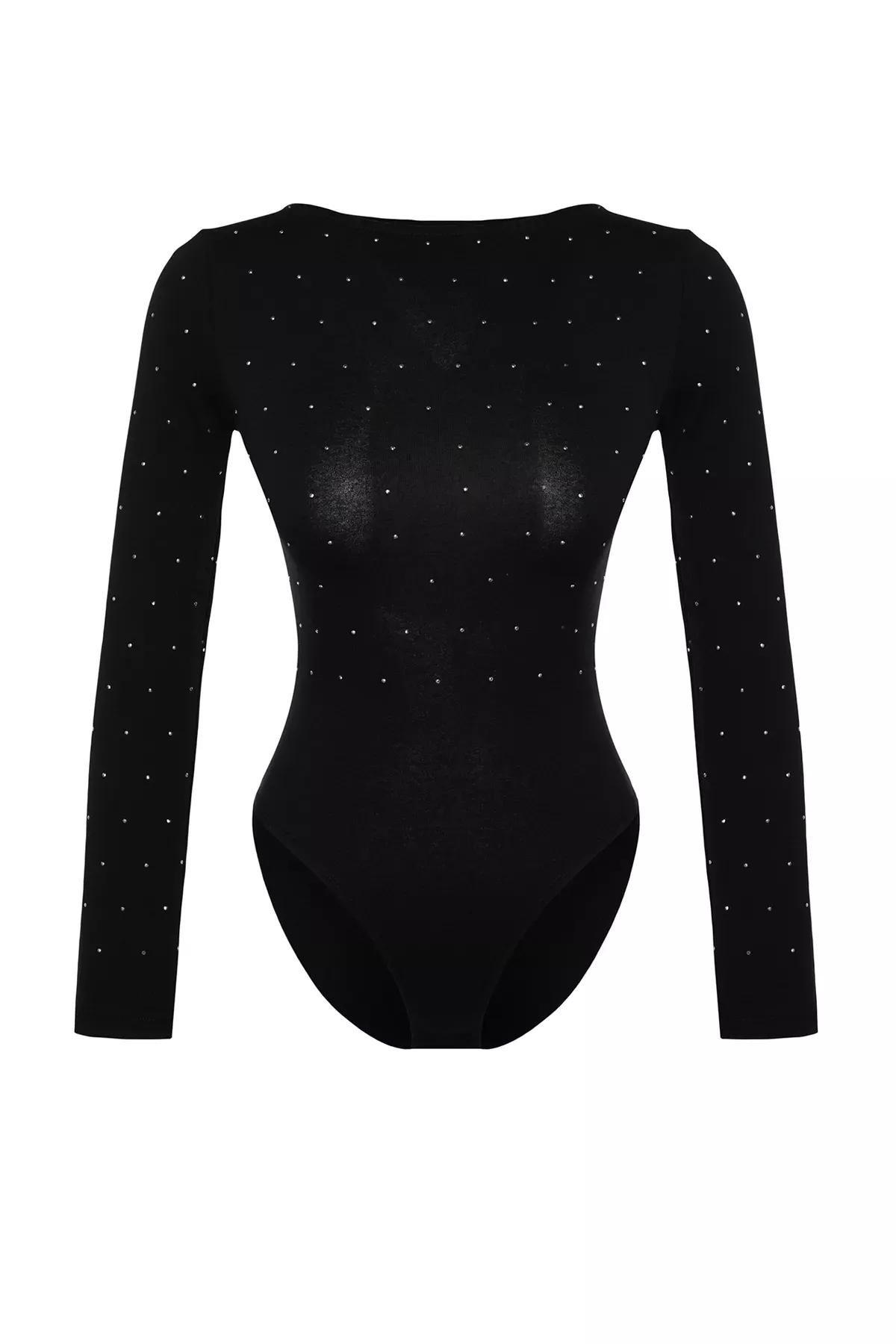 Black Printed Cotton Long-Sleeve Knitted Body, BLACK, large image number 5