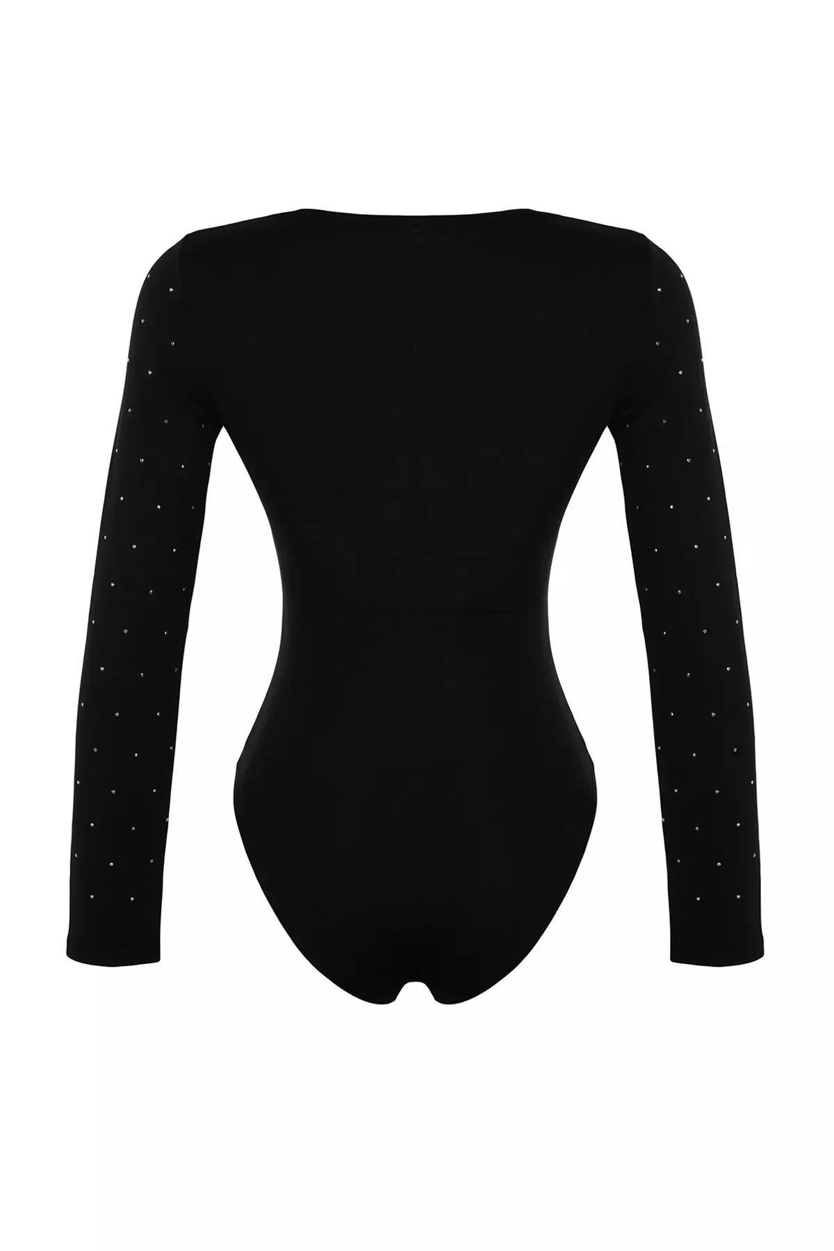 Black Printed Cotton Long-Sleeve Knitted Body, BLACK, large image number 6