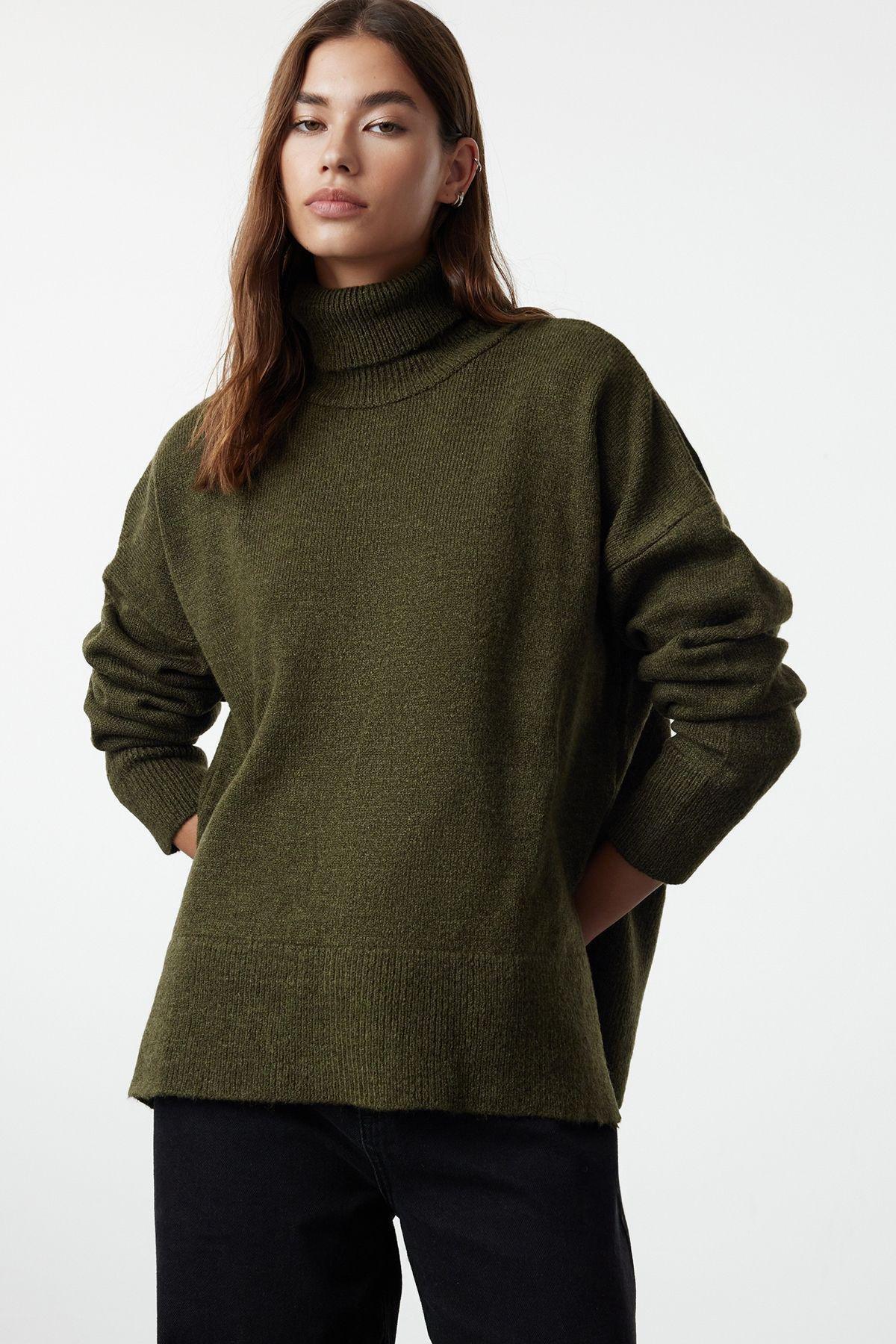 Khaki Textured Wide Pattern Knitted Sweater, Khaki, large image number 0