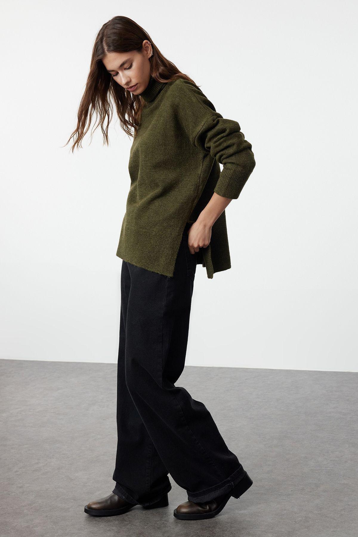 Khaki Textured Wide Pattern Knitted Sweater, Khaki, large image number 1