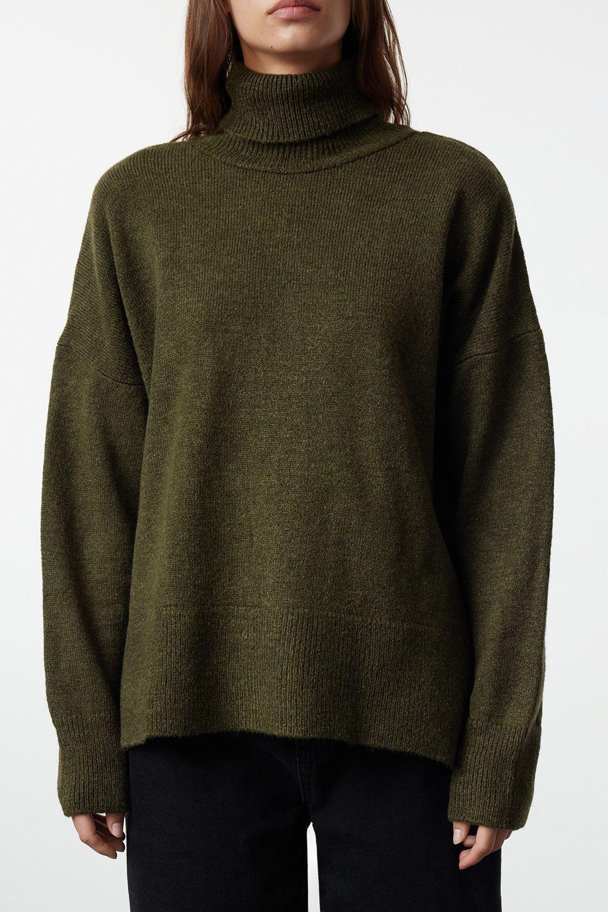 Khaki Textured Wide Pattern Knitted Sweater, Khaki, large image number 2