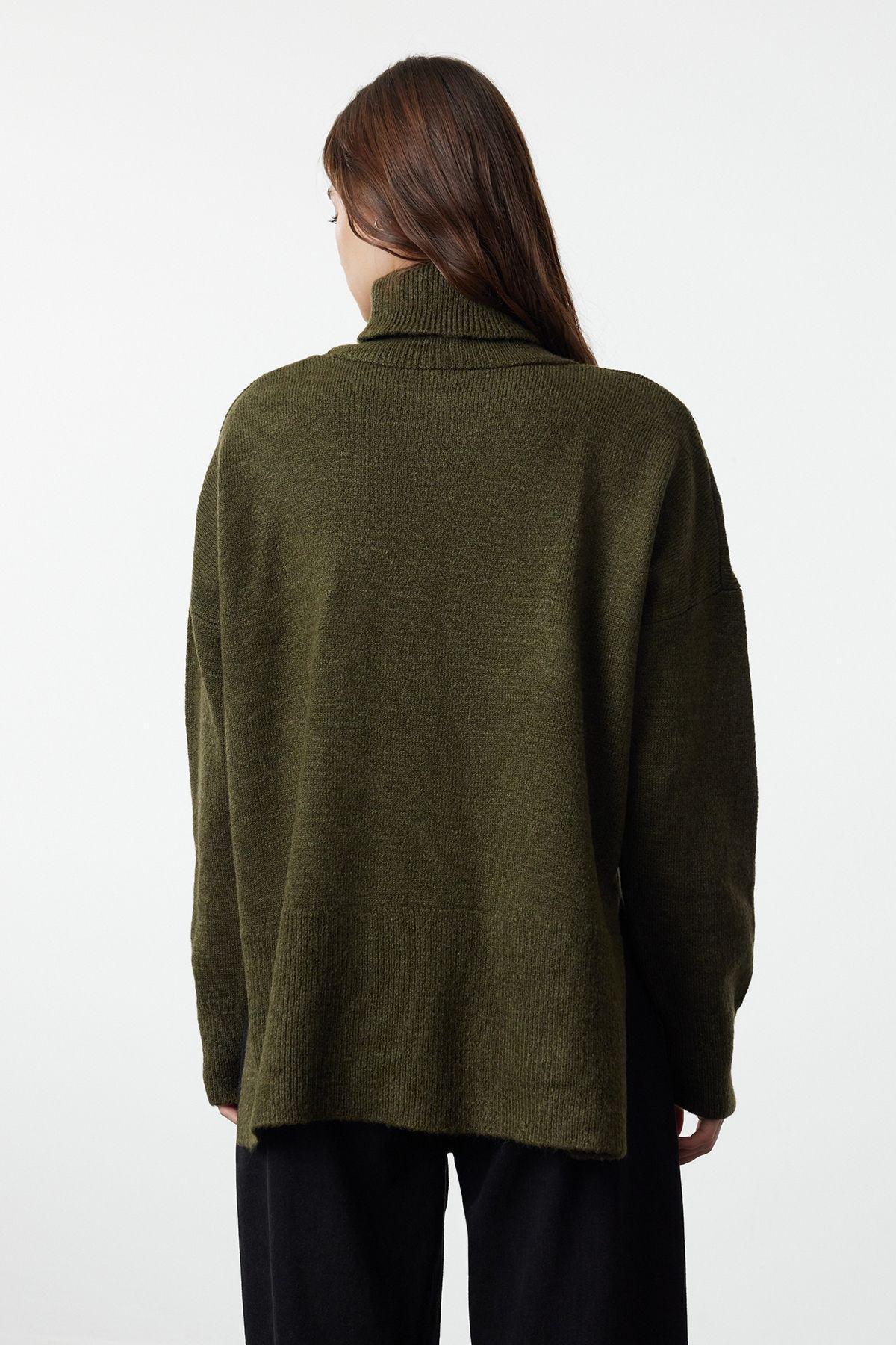 Khaki Textured Wide Pattern Knitted Sweater, Khaki, large image number 4