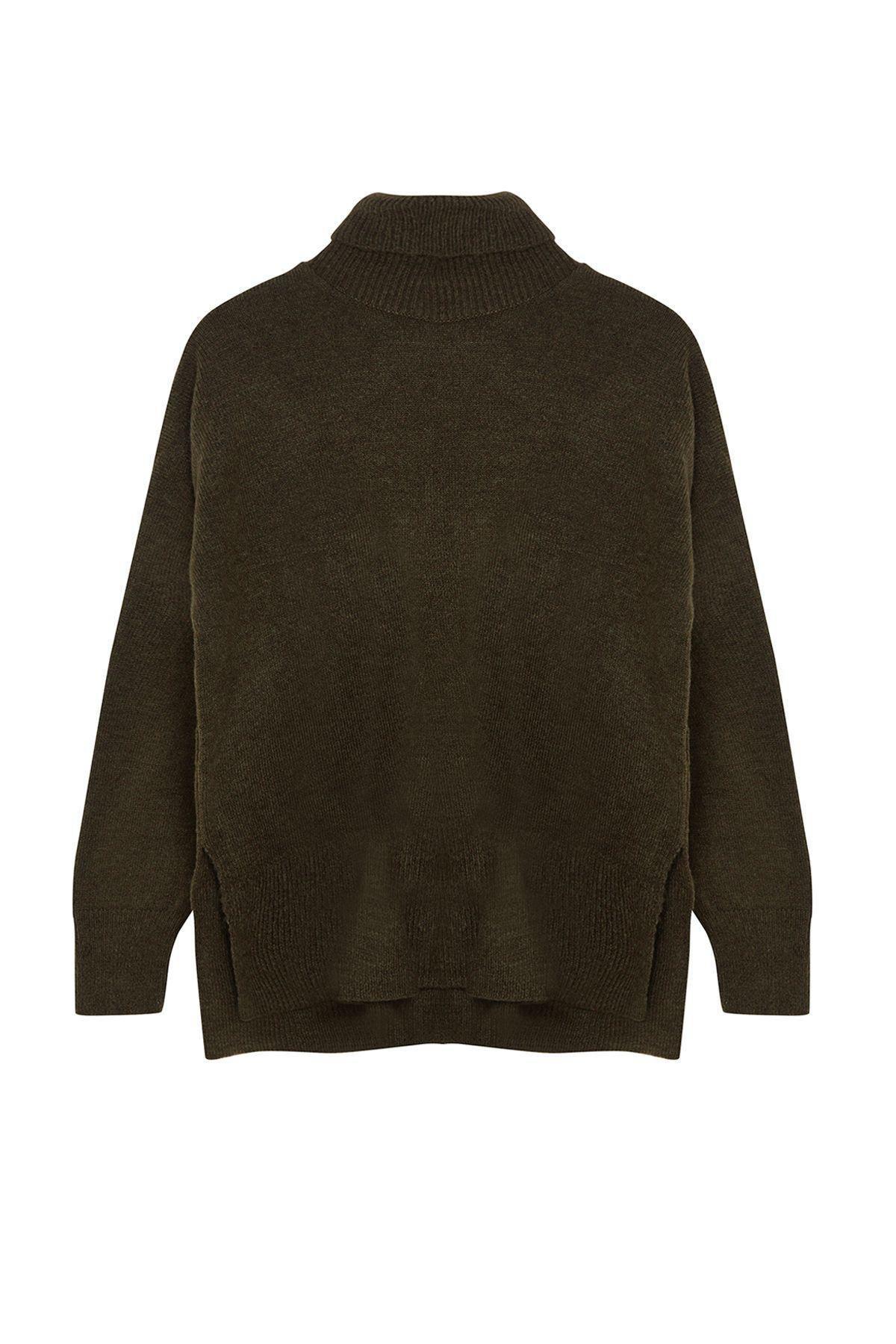 Khaki Textured Wide Pattern Knitted Sweater, Khaki, large image number 5