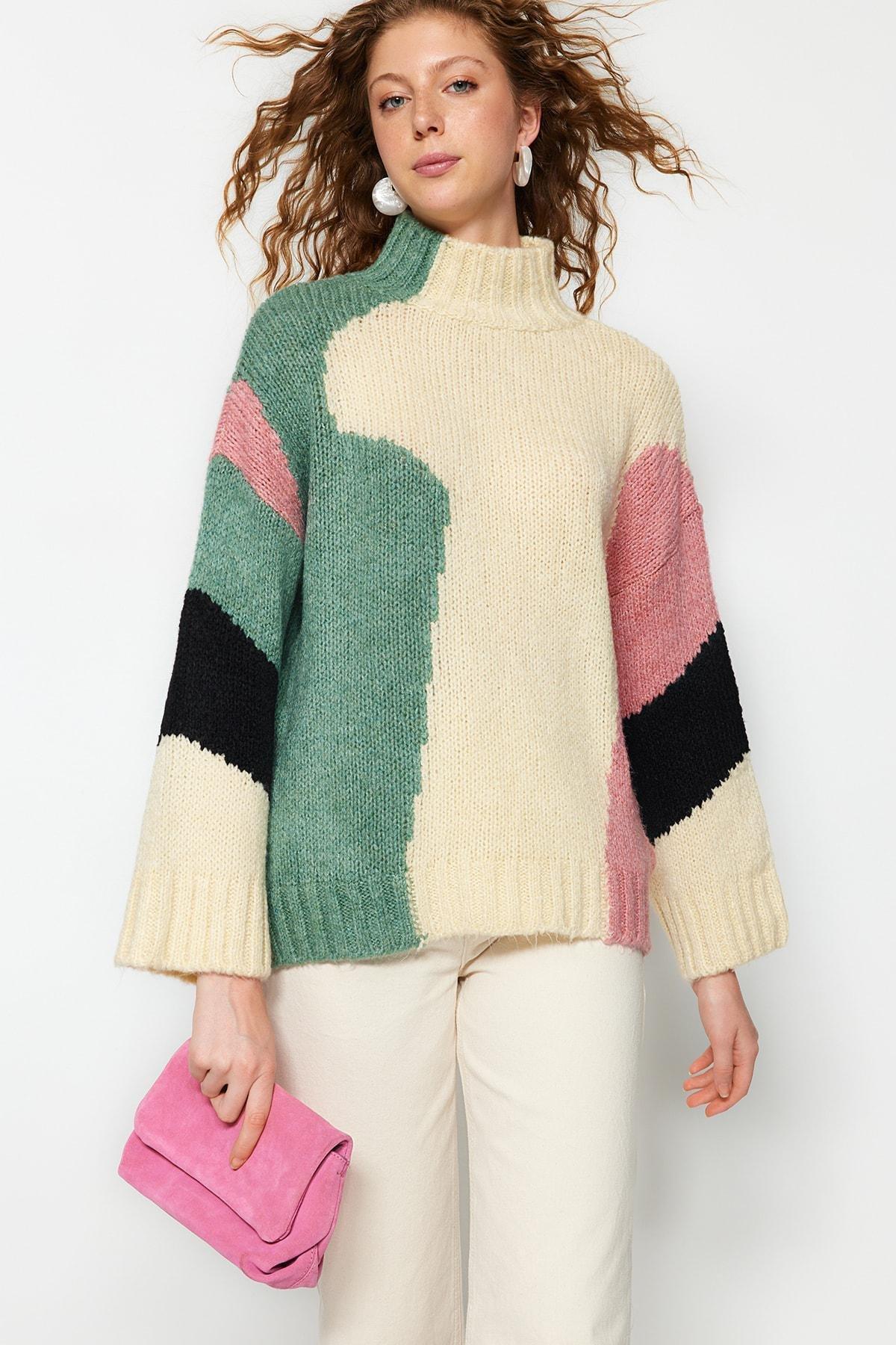 Beige Colourblock Standing Collar Sweater, , large image number 0