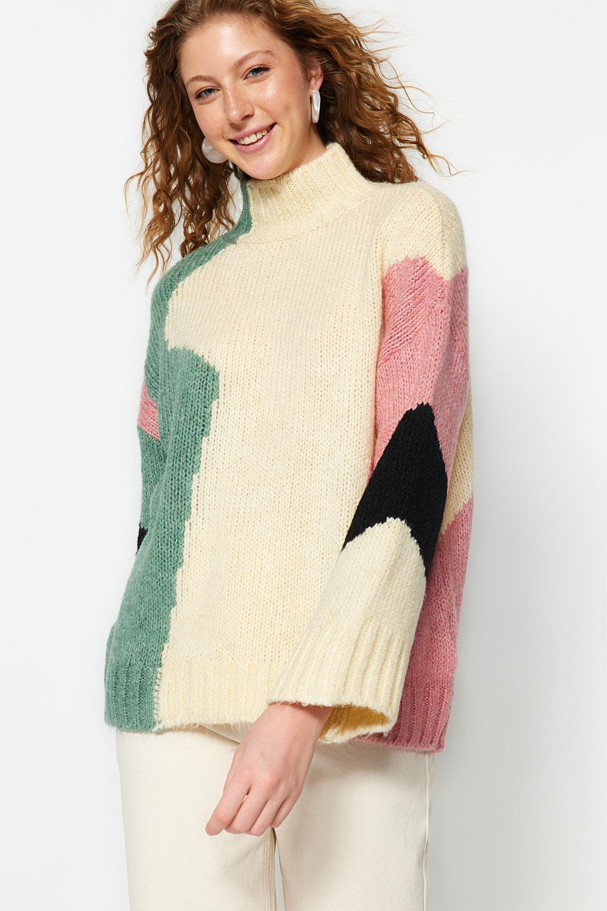 Beige Colourblock Standing Collar Sweater, , large image number 1