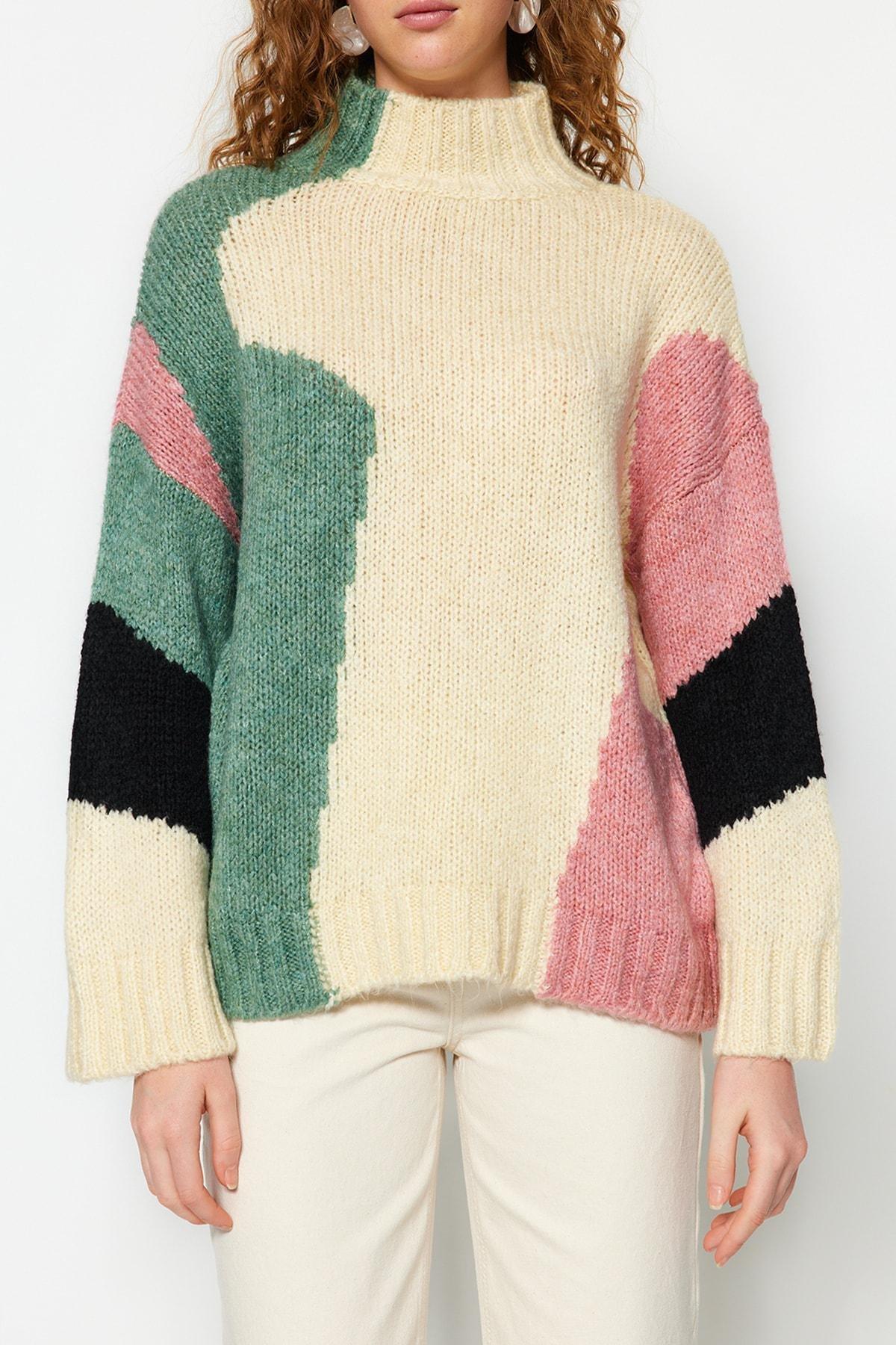 Beige Colourblock Standing Collar Sweater, , large image number 2