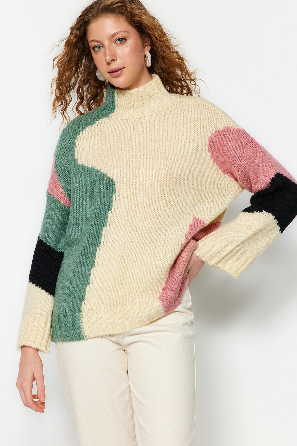 Beige Colourblock Standing Collar Sweater, , large image number 4