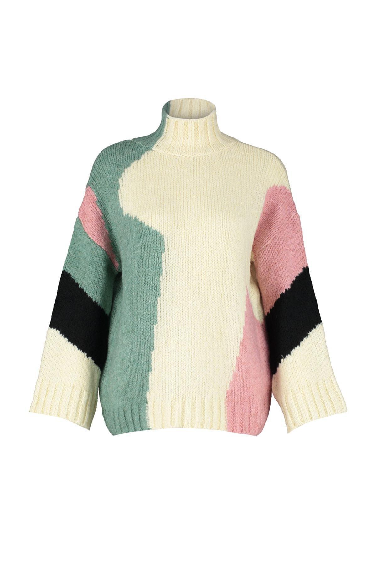 Beige Colourblock Standing Collar Sweater, , large image number 5