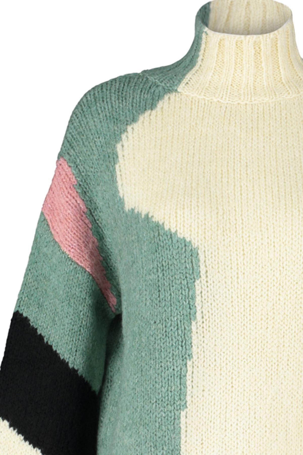 Beige Colourblock Standing Collar Sweater, , large image number 6