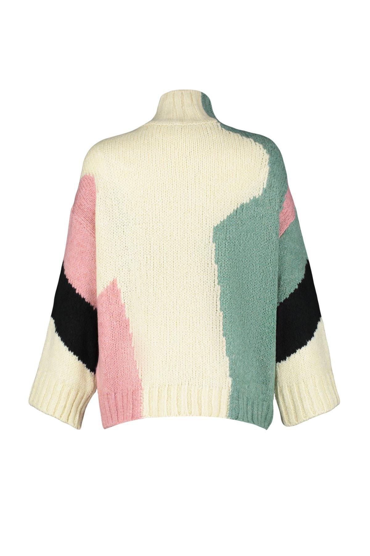 Beige Colourblock Standing Collar Sweater, , large image number 7