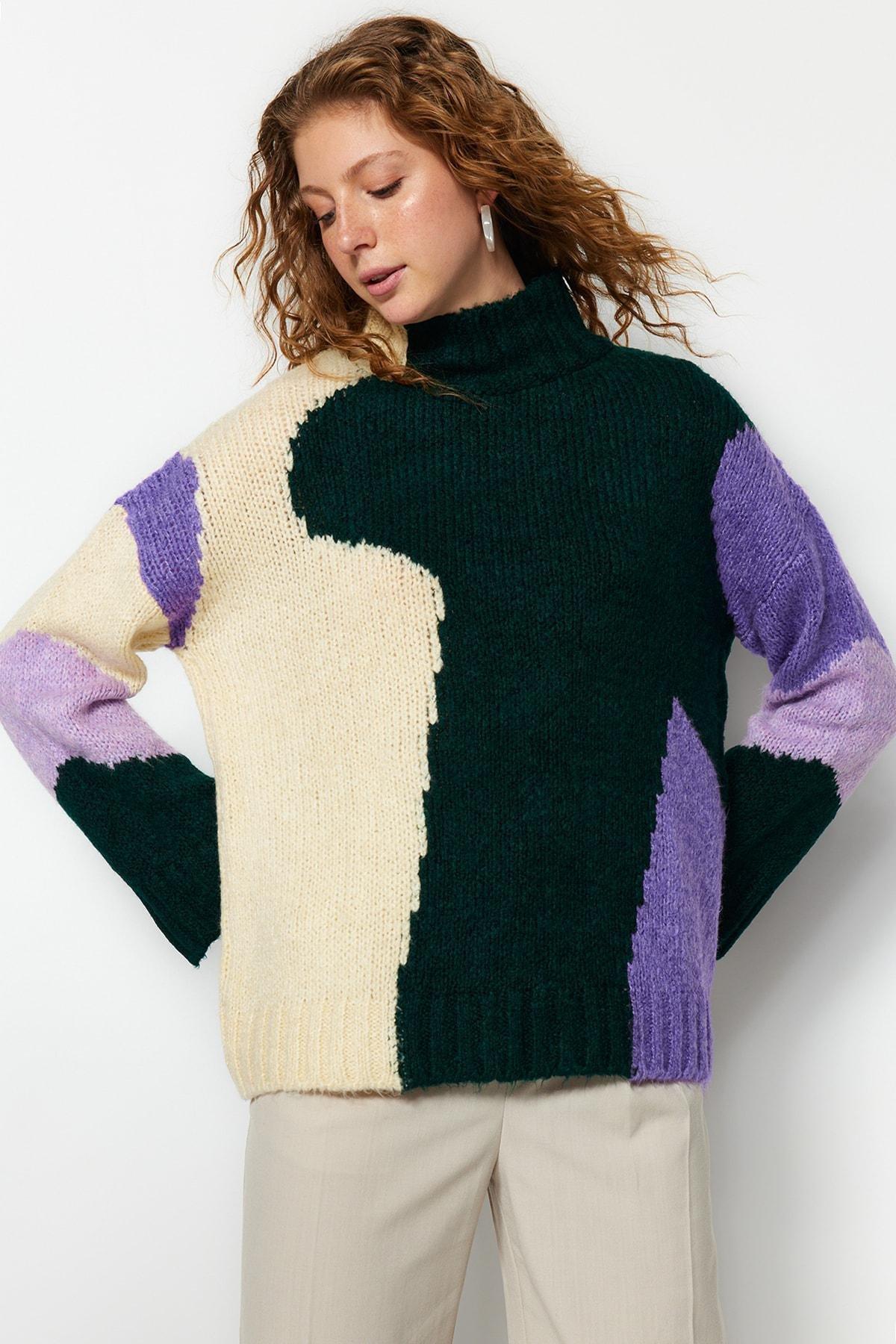 Multicolour Standing Collared Sweater, Green, large image number 0