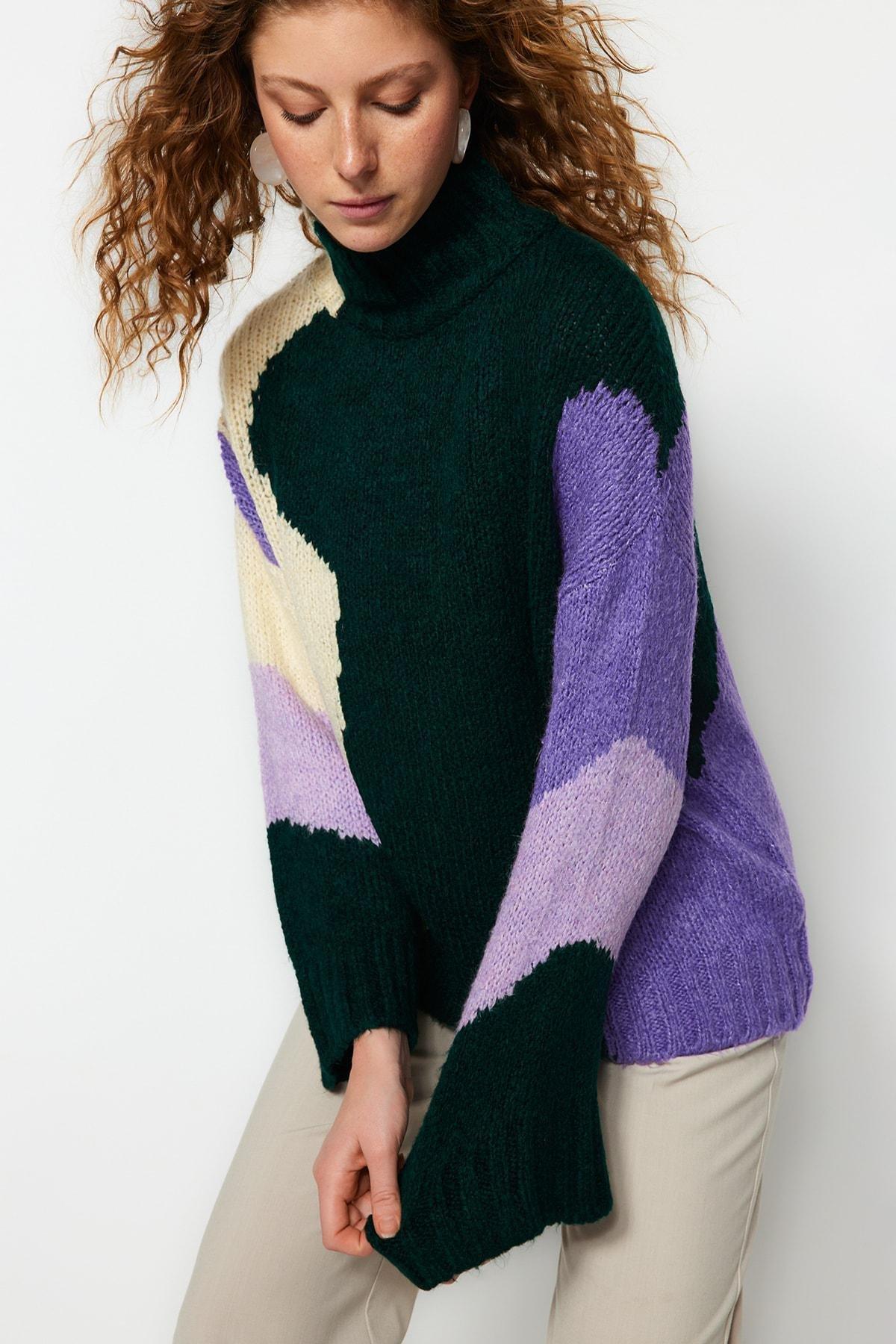 Multicolour Standing Collared Sweater, Green, large image number 1