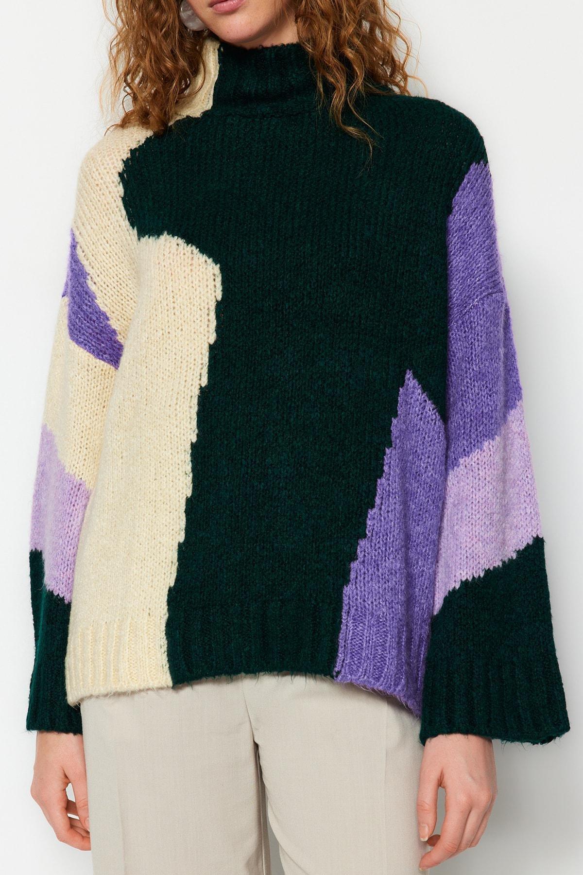 Multicolour Standing Collared Sweater, Green, large image number 4