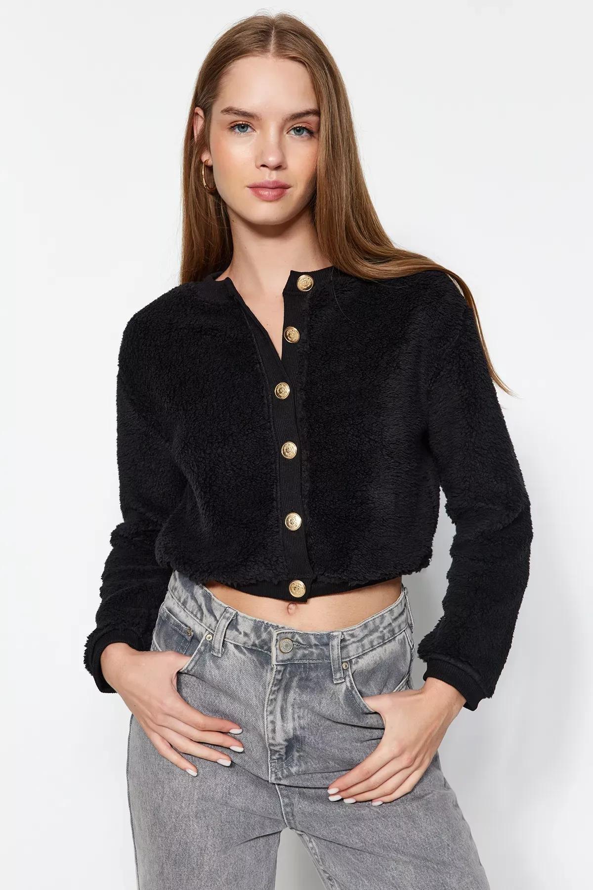 Black Gold Buttons Plush Knitted Cardigan, BLACK, medium
