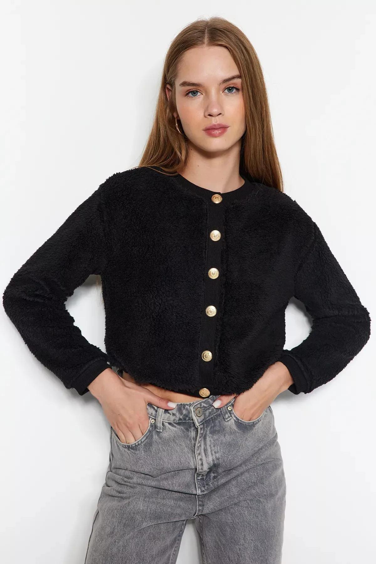 Black Gold Buttons Plush Knitted Cardigan, BLACK, medium