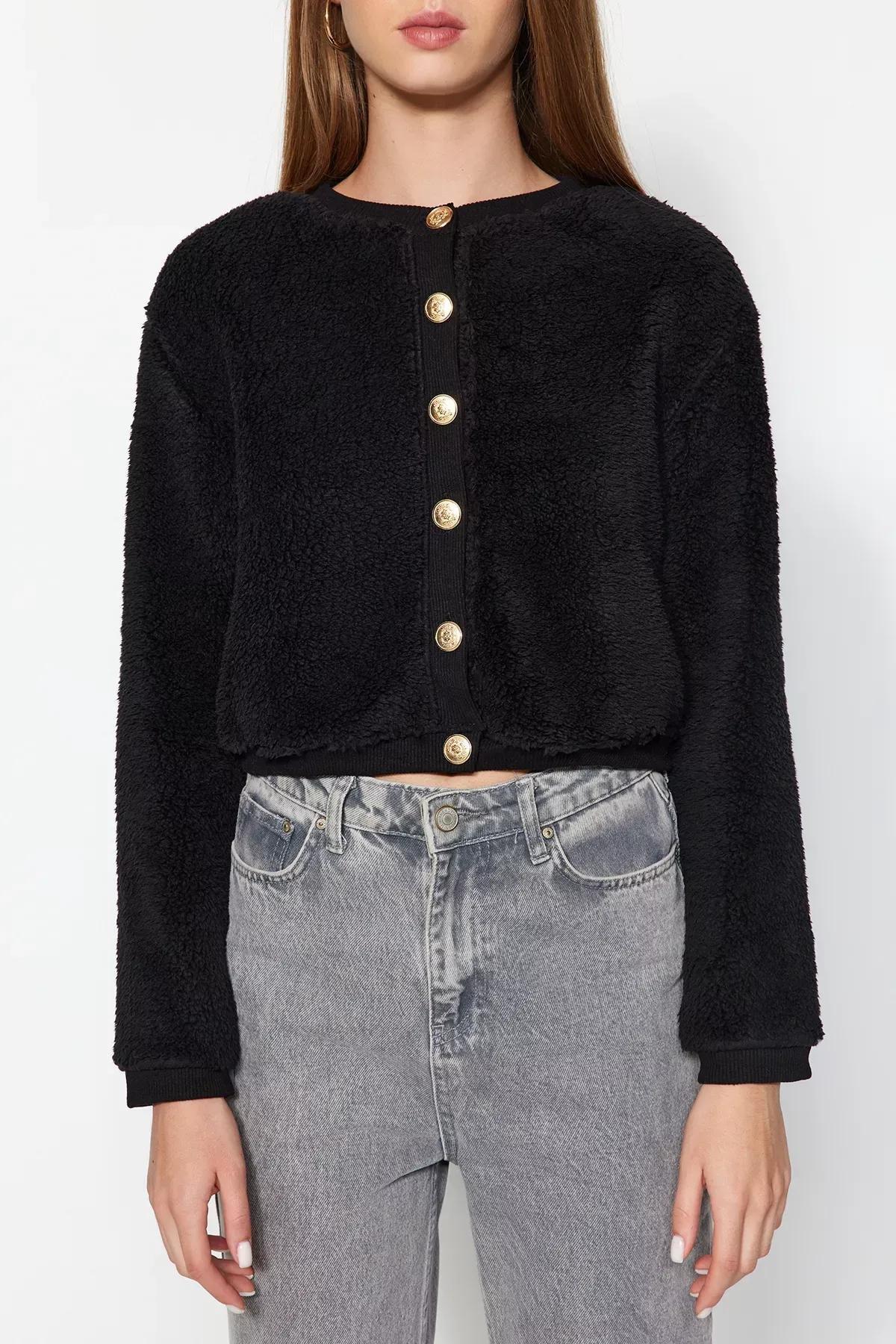 Black Gold Buttons Plush Knitted Cardigan, BLACK, medium