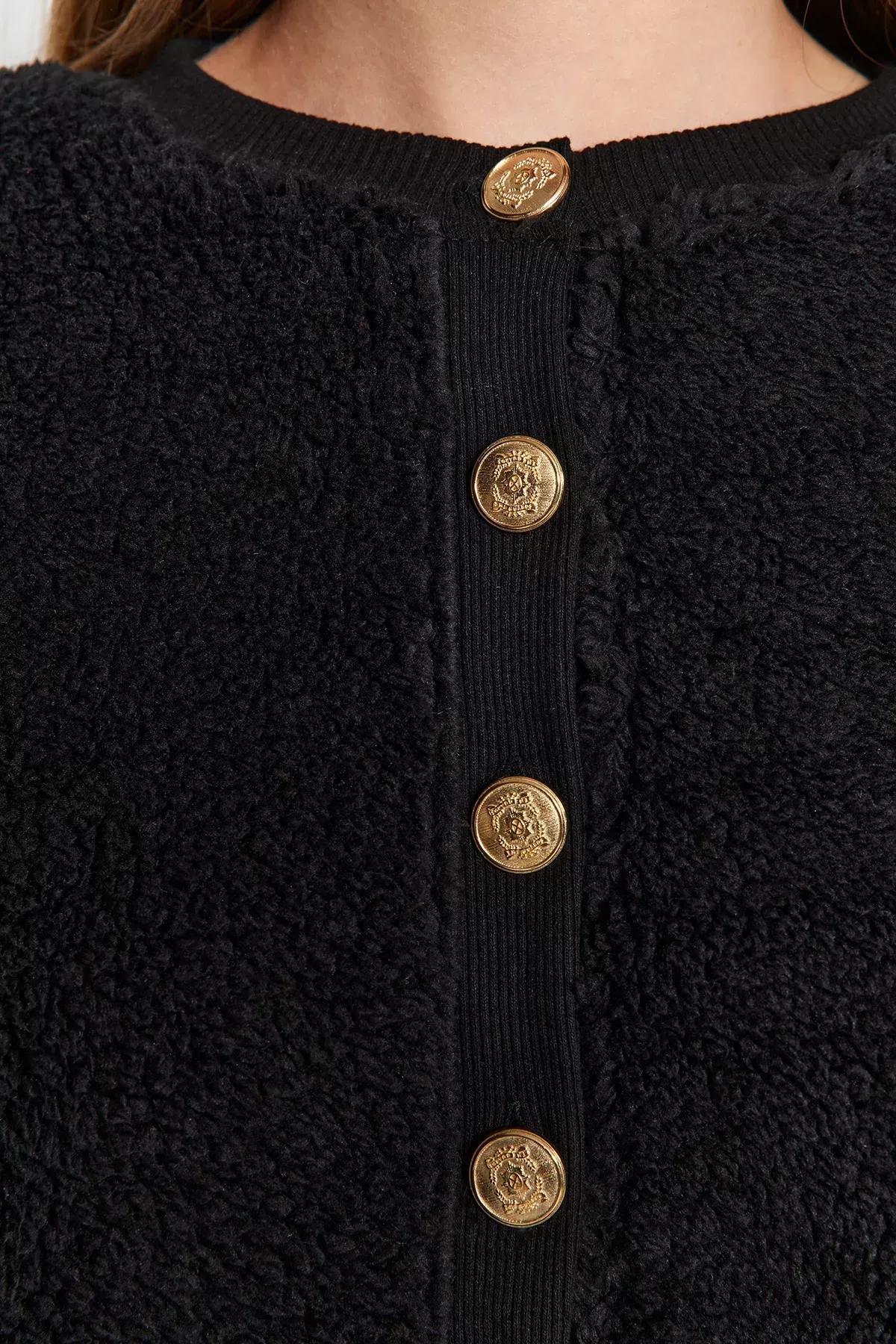 Black Gold Buttons Plush Knitted Cardigan, BLACK, large image number 3