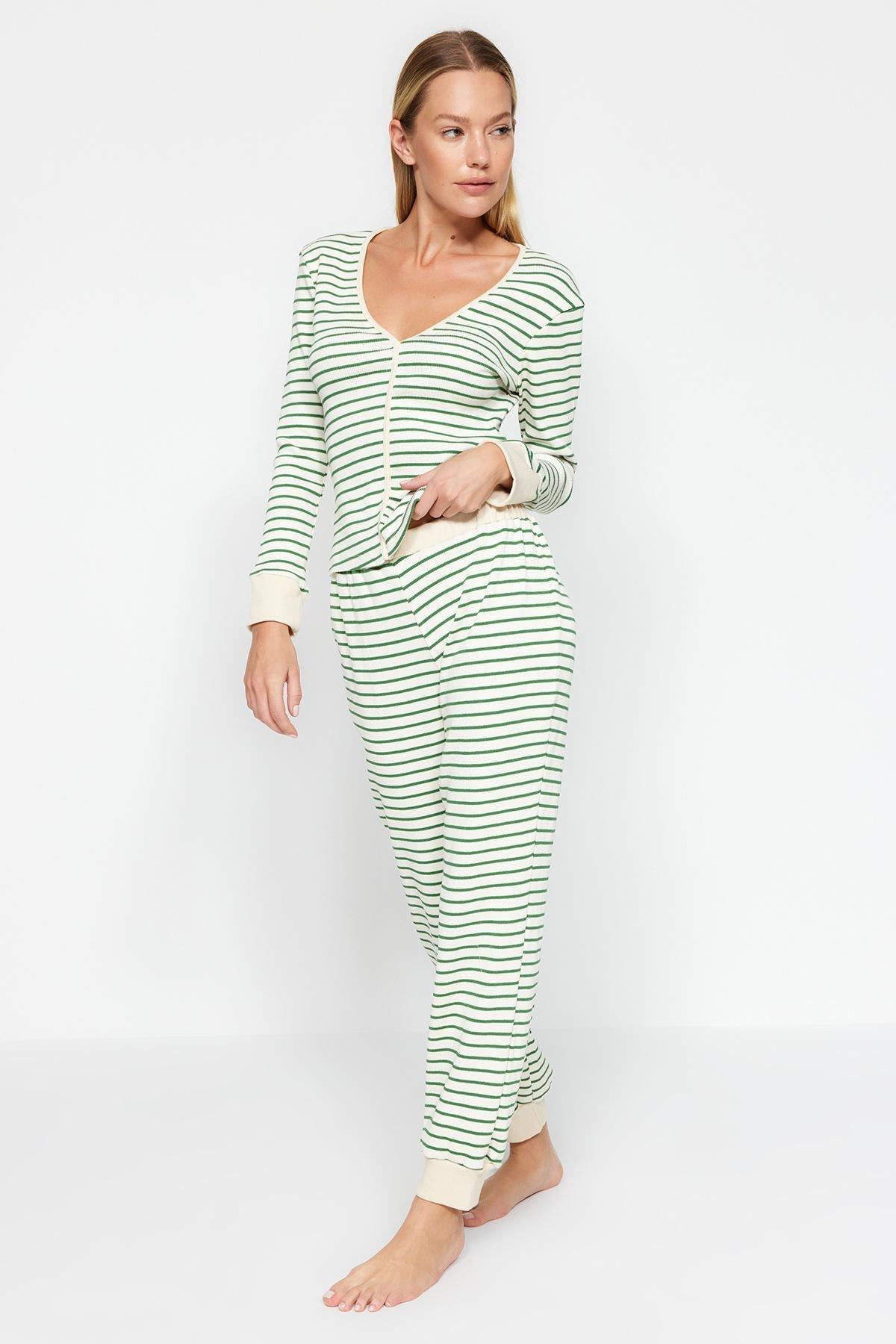 Green Striped Detailed Knitted Pyjamas Set, , large image number 0