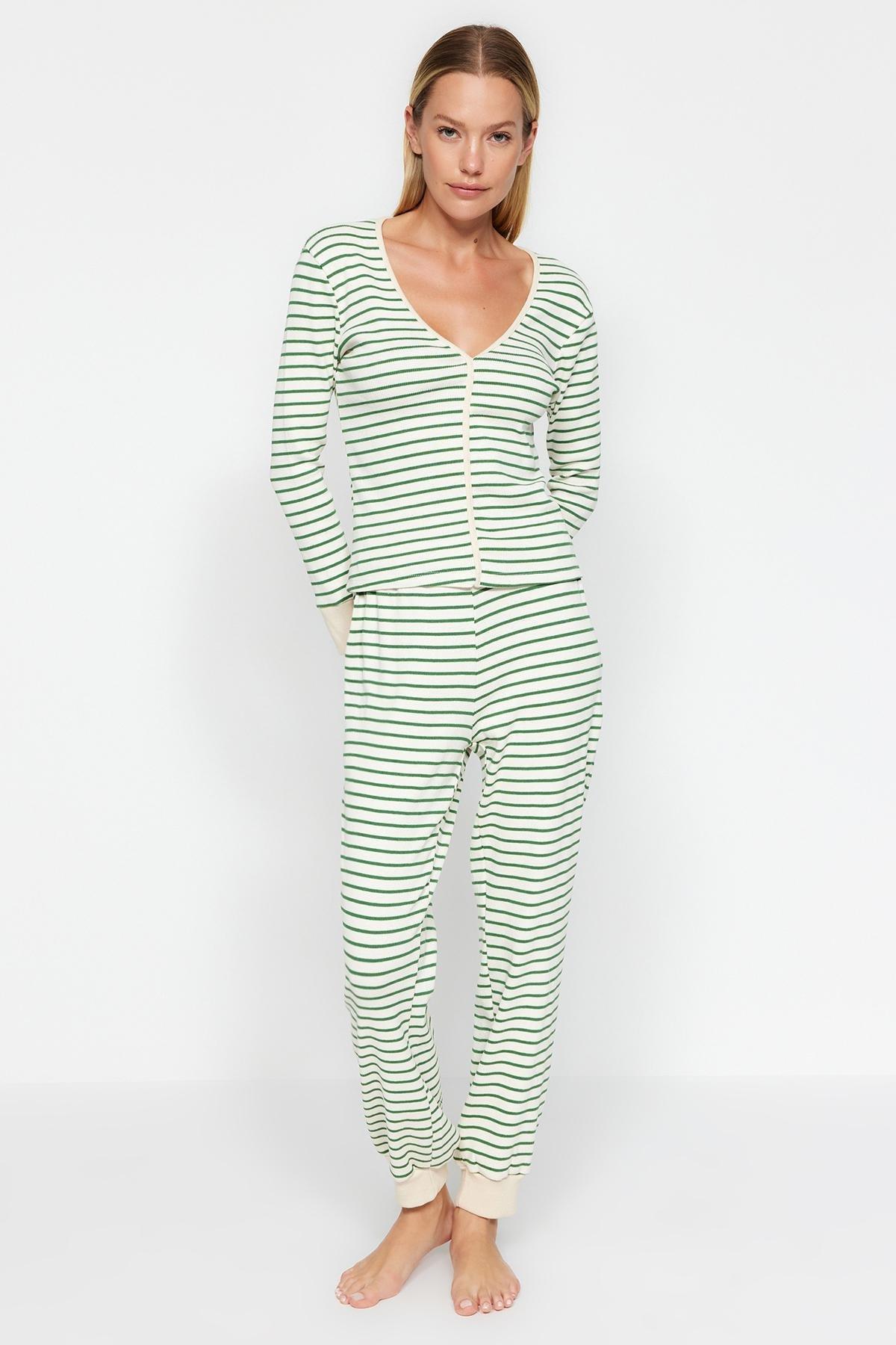 Green Striped Detailed Knitted Pyjamas Set, , large image number 2