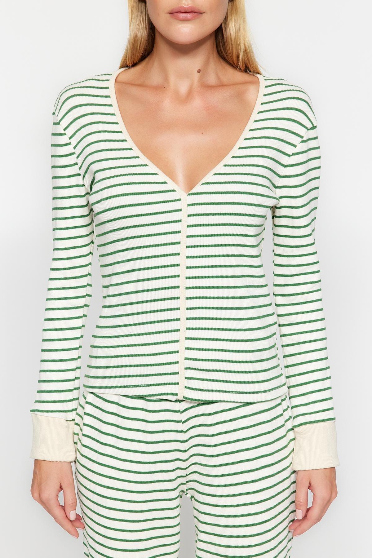 Green Striped Detailed Knitted Pyjamas Set, , large image number 3
