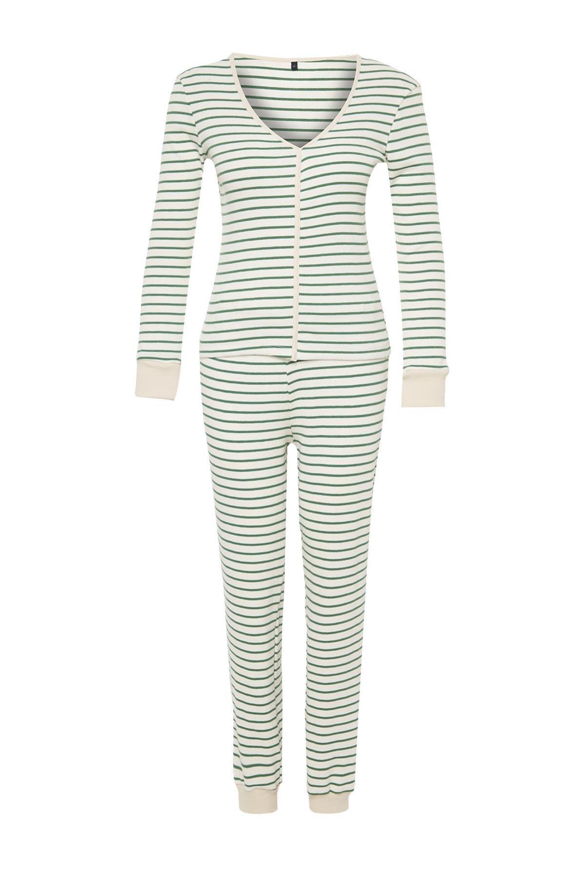 Green Striped Detailed Knitted Pyjamas Set, , large image number 7