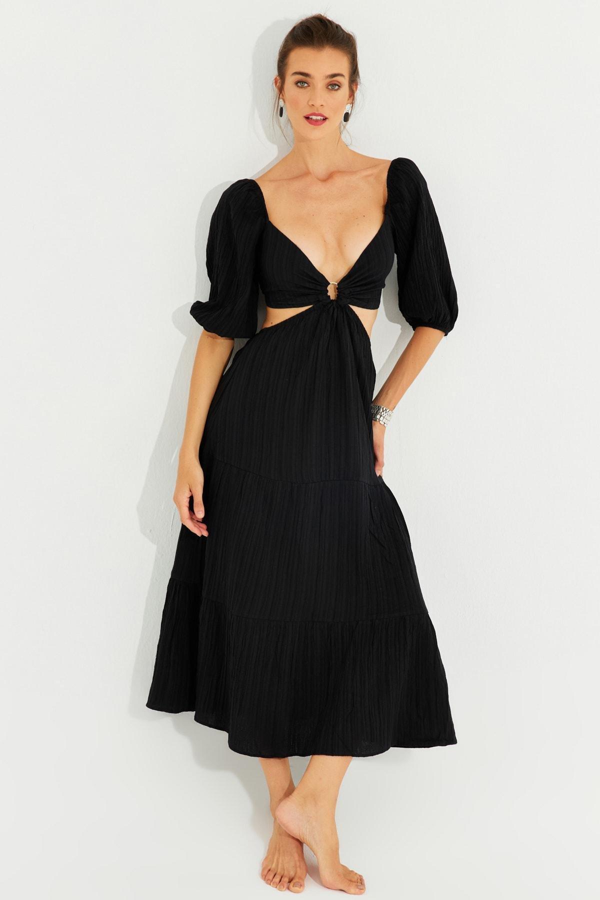 Black Gipped Ringed Decollate Maxi Dress, BLACK, large image number 0