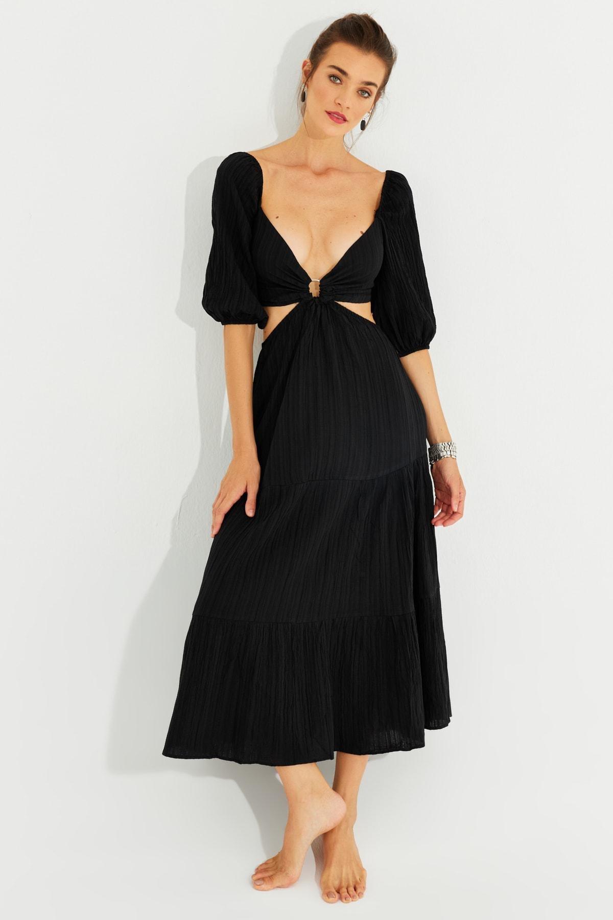 Black Gipped Ringed Decollate Maxi Dress, BLACK, large image number 2