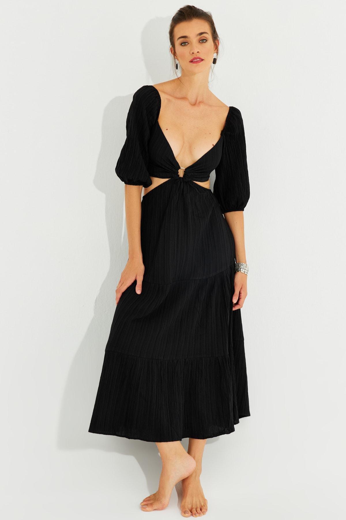 Black Gipped Ringed Decollate Maxi Dress, BLACK, large image number 3