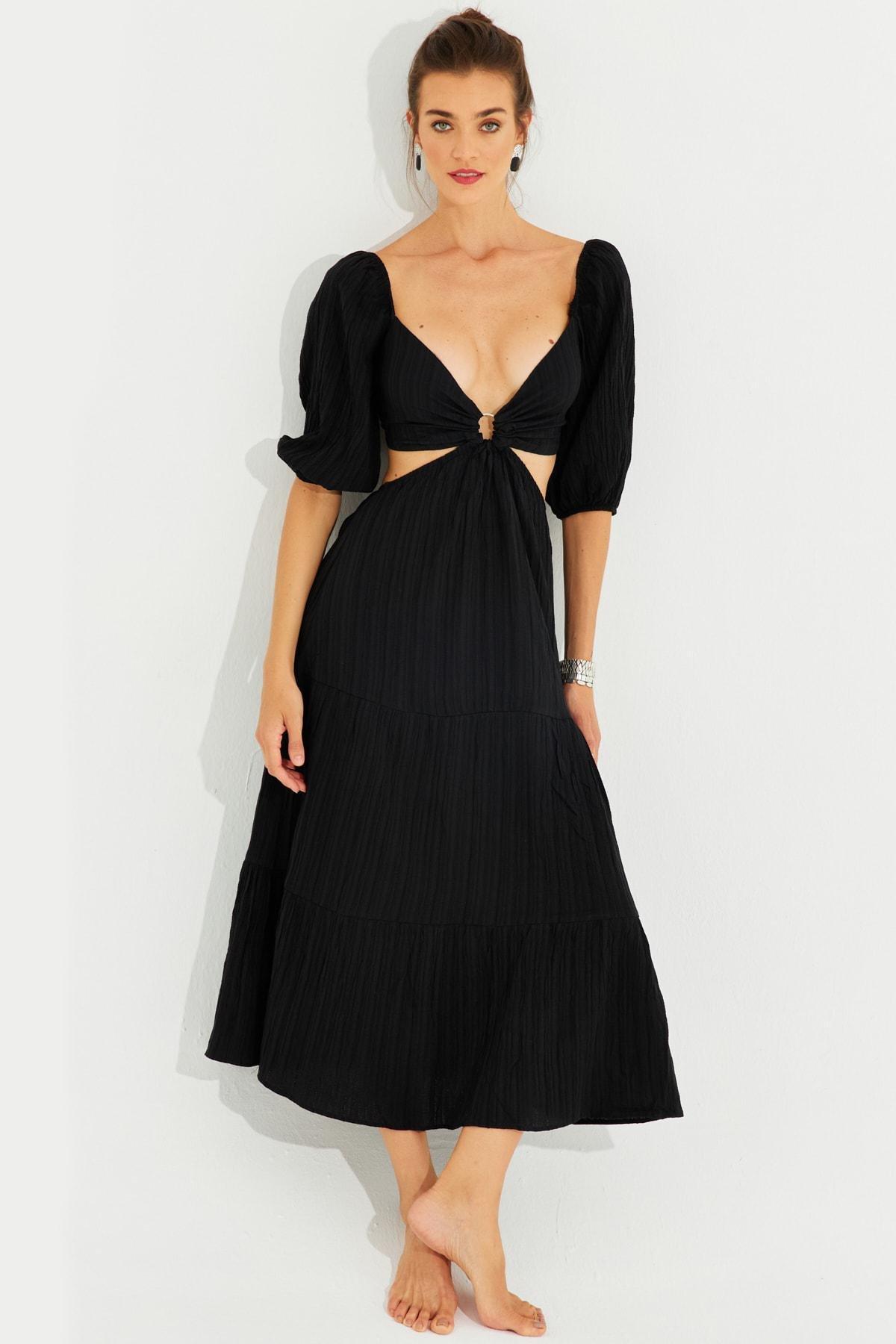 Black Gipped Ringed Decollate Maxi Dress, BLACK, large image number 4