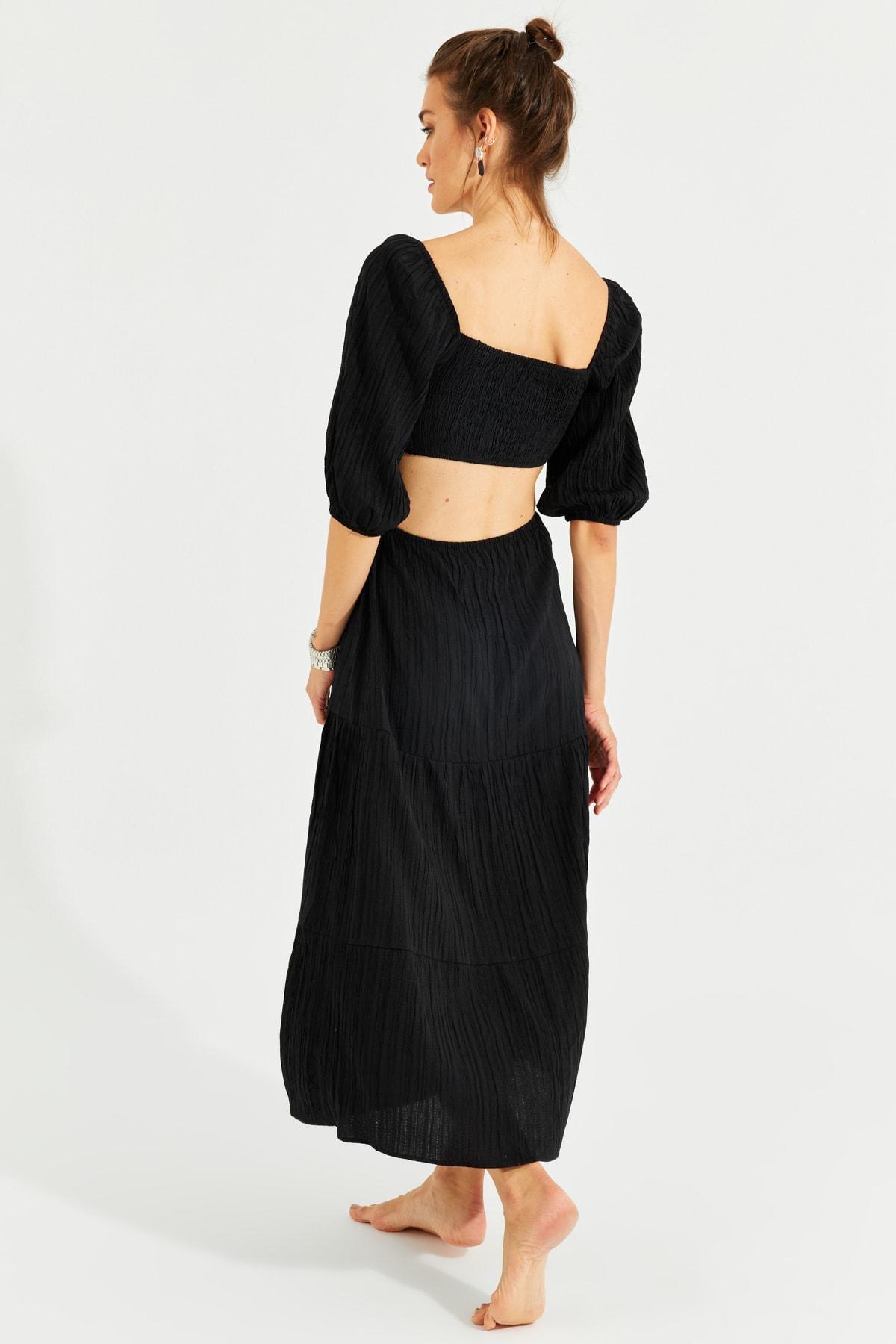 Black Gipped Ringed Decollate Maxi Dress, BLACK, large image number 5