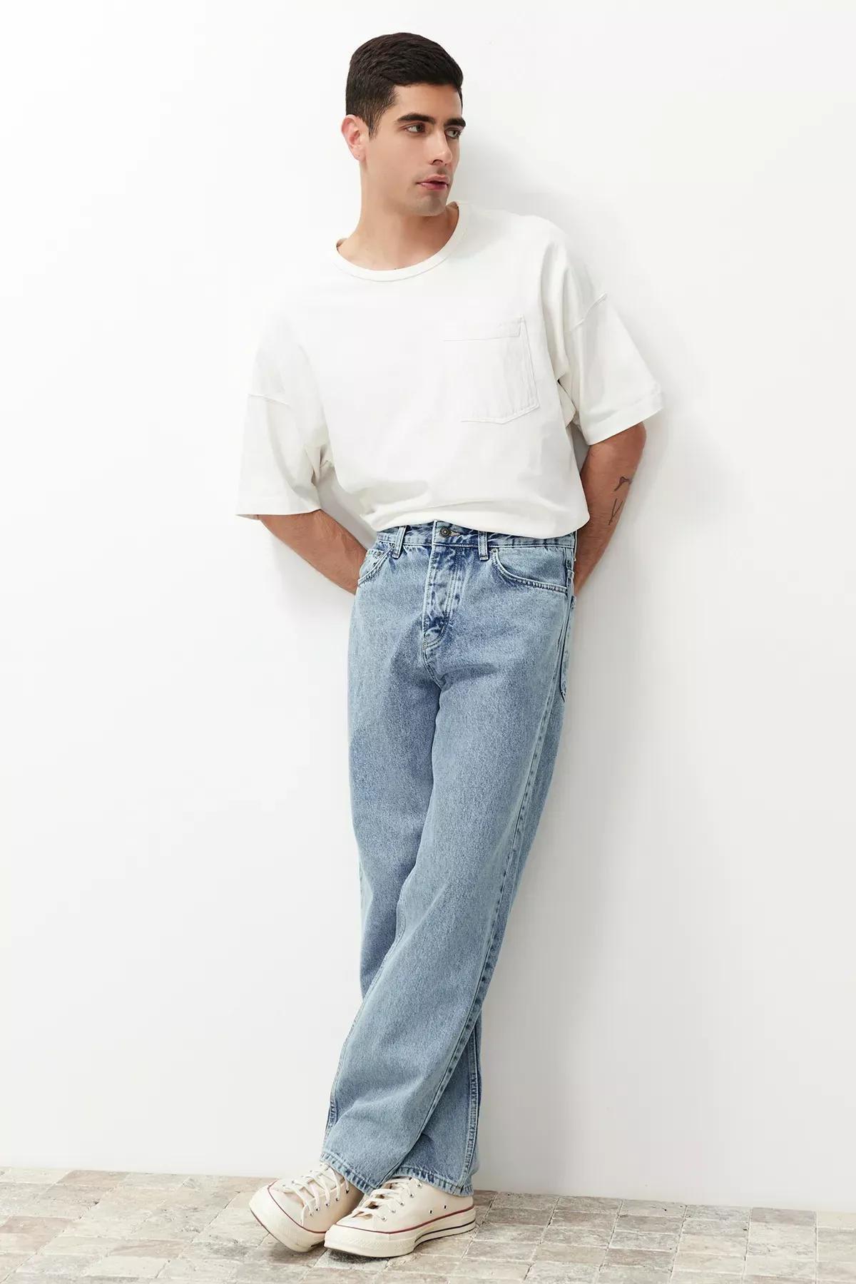 Blue Baggy Fit Loose Denim Jeans, Light Blue-6006, large image number 1