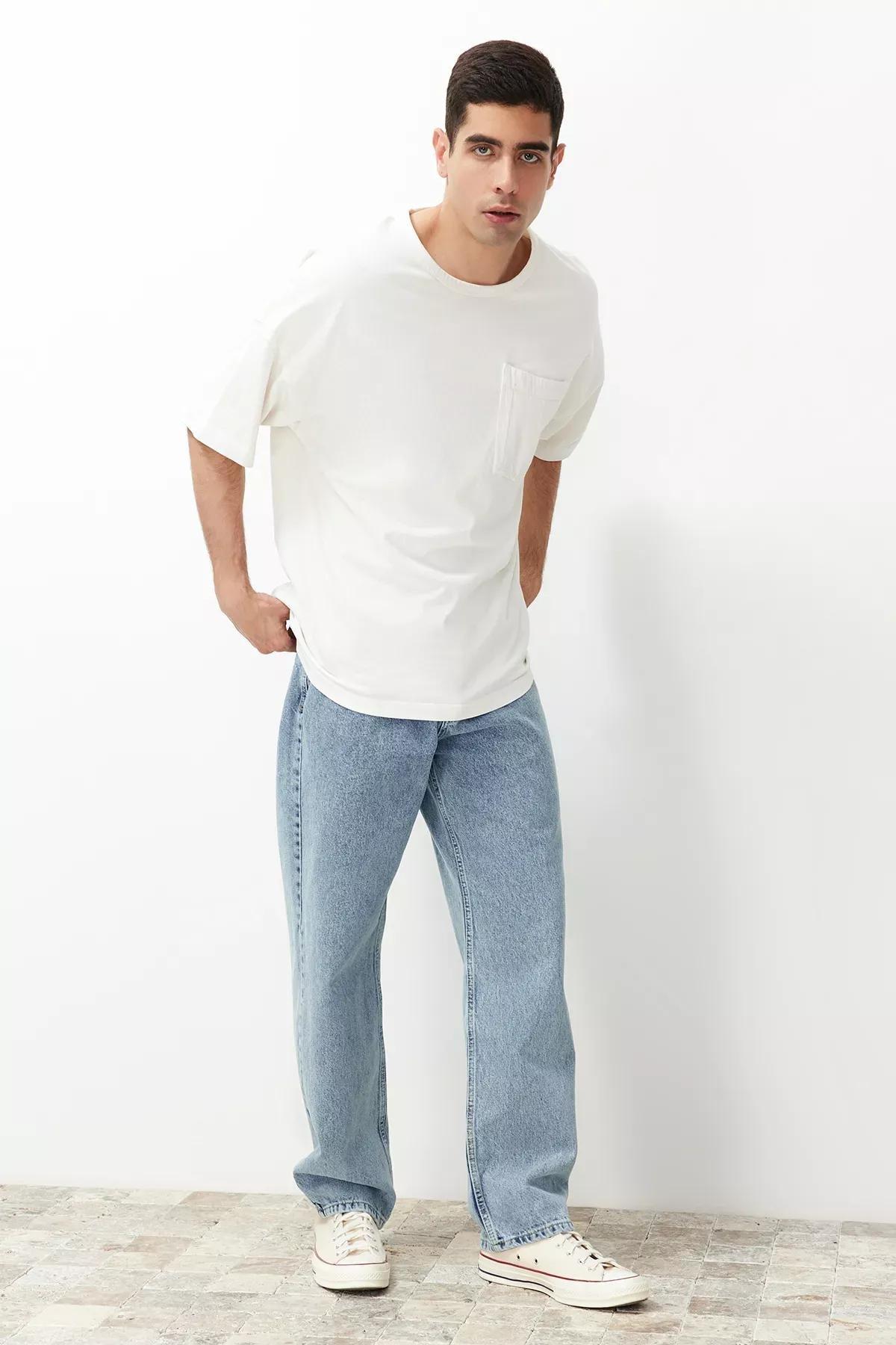 Blue Baggy Fit Loose Denim Jeans, Light Blue-6006, medium